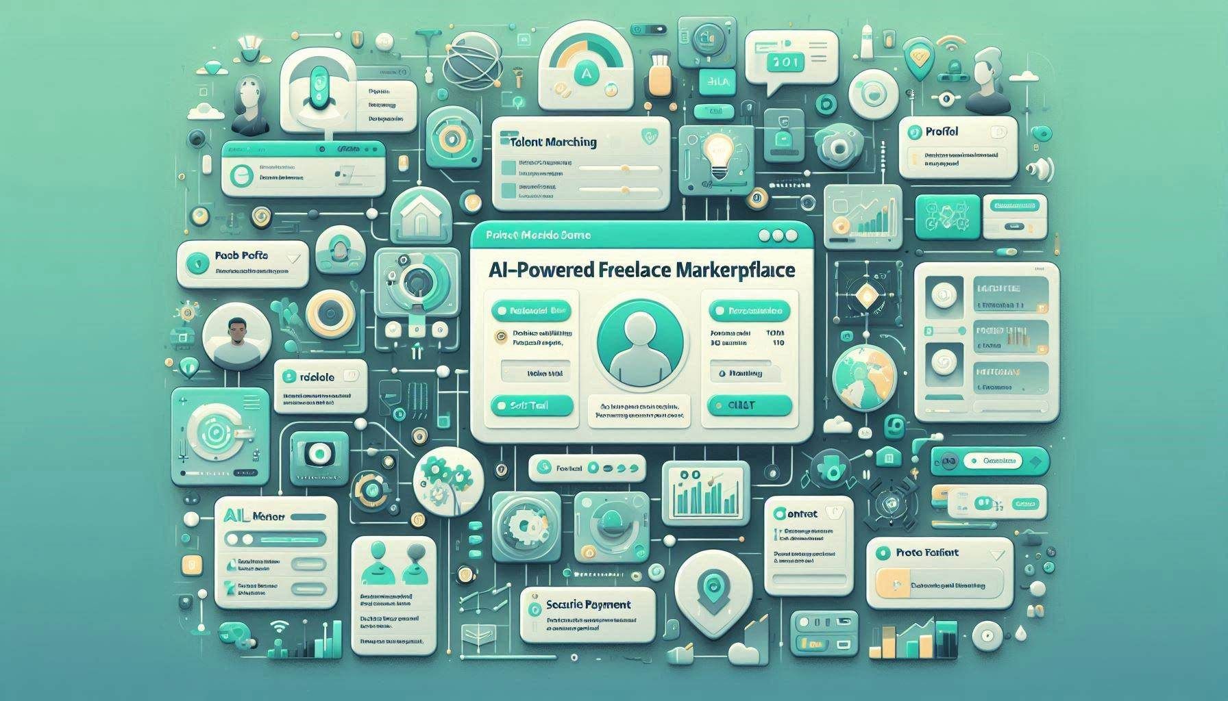 Upwork marketplace dashboard showing freelance talent profiles, AI-powered job post drafting, proposal comparison, project catalog services, hiring workflow, collaboration tools, and secure payments.
