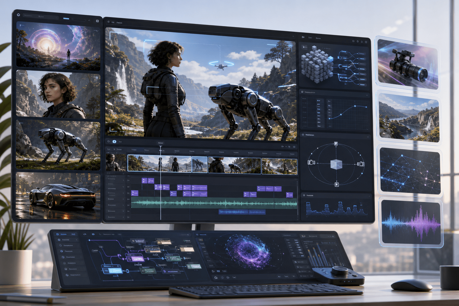 The editor shows a multi-shot timeline, per-shot prompts, camera directives, and preview playback, with export options for 4K MP4 and controls for audio sync and transition refinement.