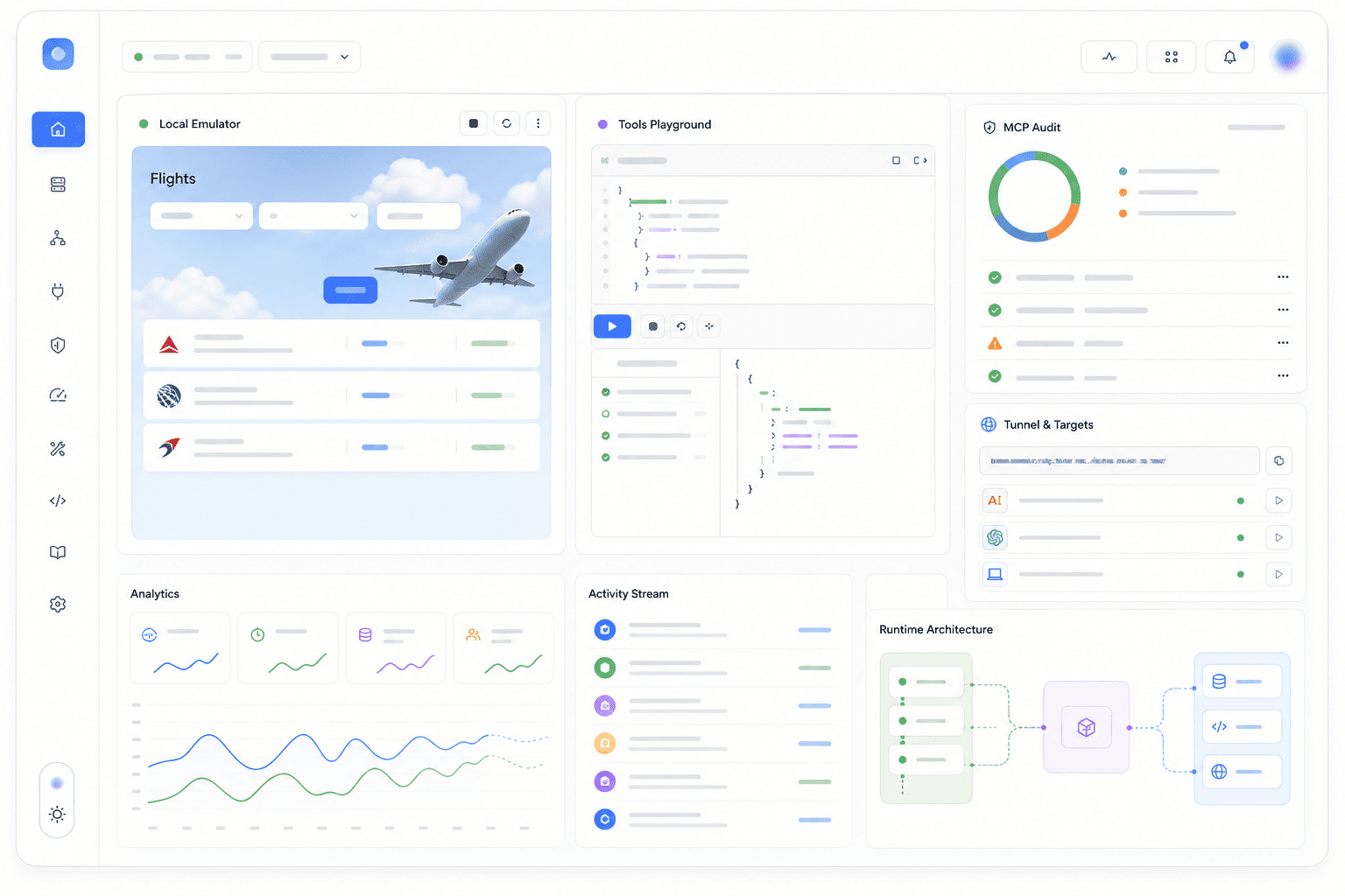 Herramientas de desarrollo Skybridge mostrando un emulador local con un widget de vuelos, salida del playground de herramientas, verificaciones de auditoría para cumplimiento MCP y una URL de túnel público dirigida a Claude, ChatGPT y hosts locales.