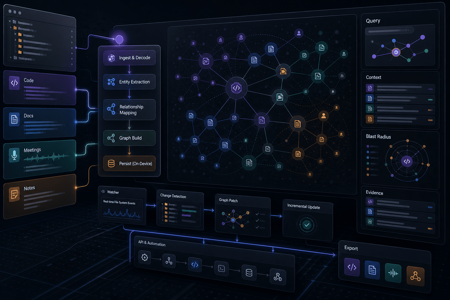 CLI watcher shows changed files, rebuilt nodes and edges, and a graph diff with Leiden clusters and god nodes, running fully on-device with incremental patching and export to HTML and JSON.