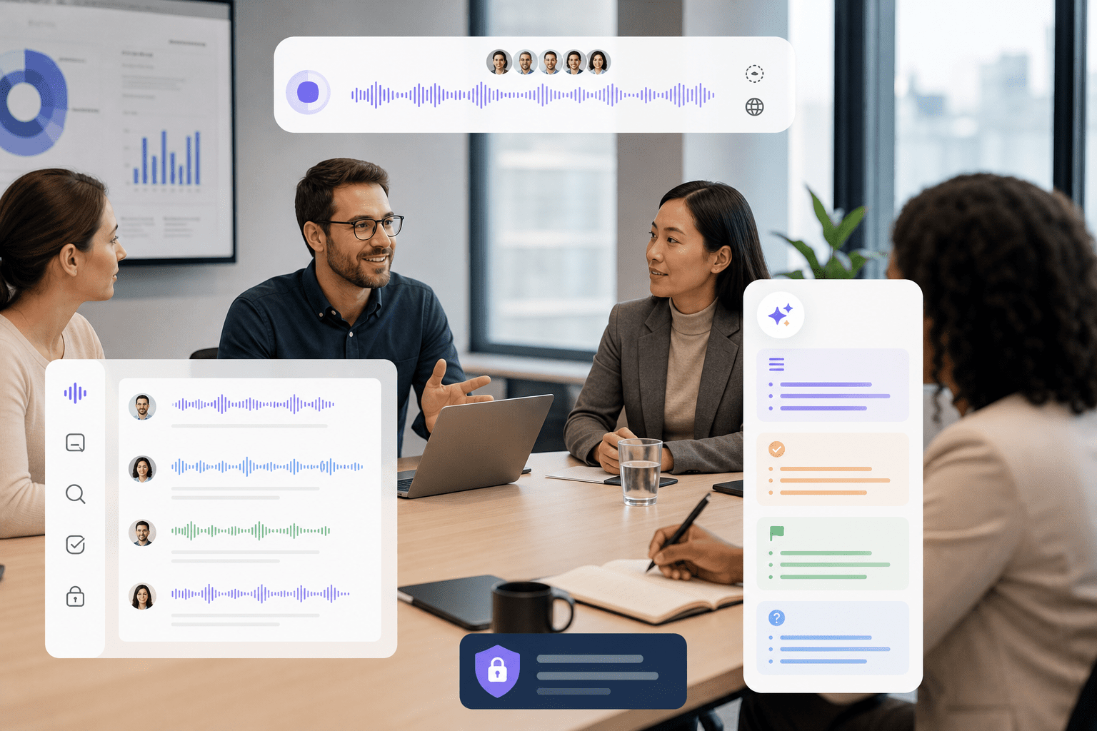Desktop timeline of a recorded meeting with live transcript on the right, auto-generated summary and action items at the top, and share controls for exporting PDFs or posting a link to team channels.