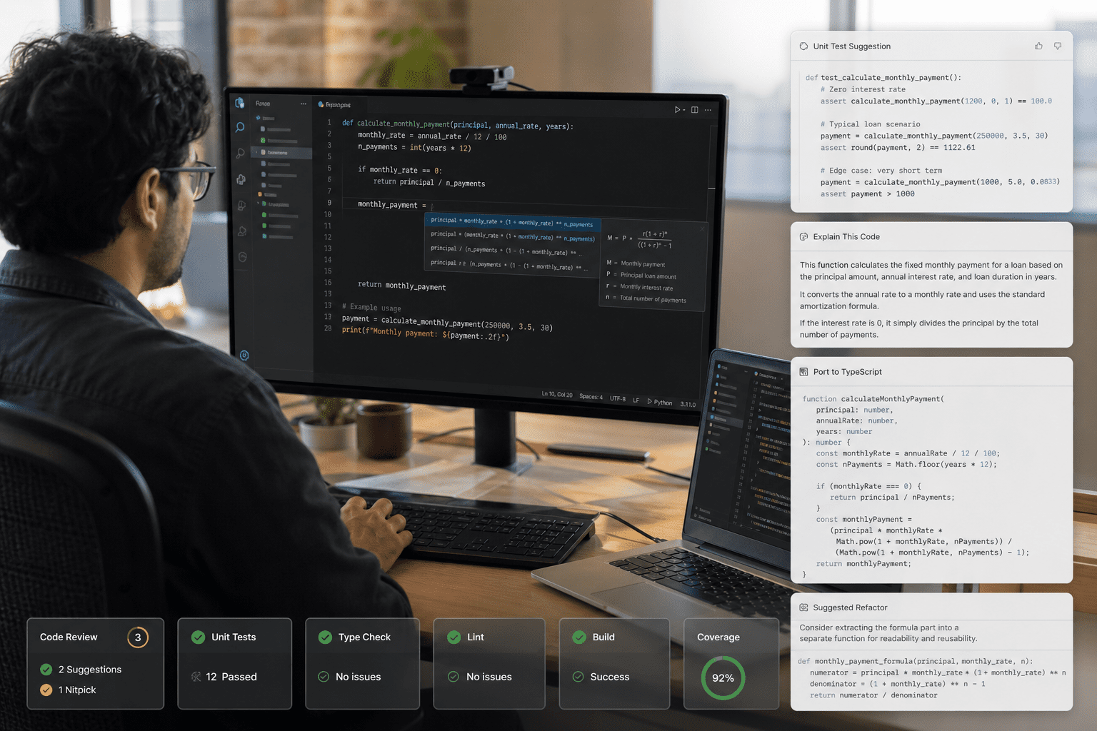 Diagram shows an IDE extension calling a Muse Code endpoint with file context; the service returns ranked suggestions and diffs, which developers review, edit, test, and commit through normal workflows.