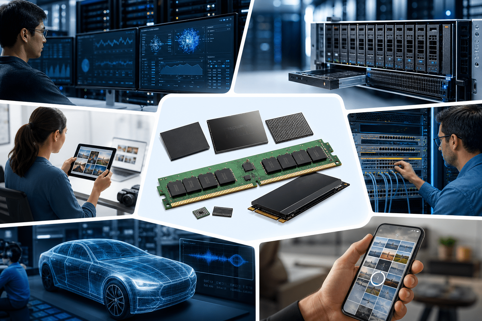 A system diagram with processors accessing DRAM for active data while NAND-based SSDs provide persistence, highlighting bandwidth, latency, and endurance trade-offs across AI servers, networking appliances, mobile devices, and automotive platforms.