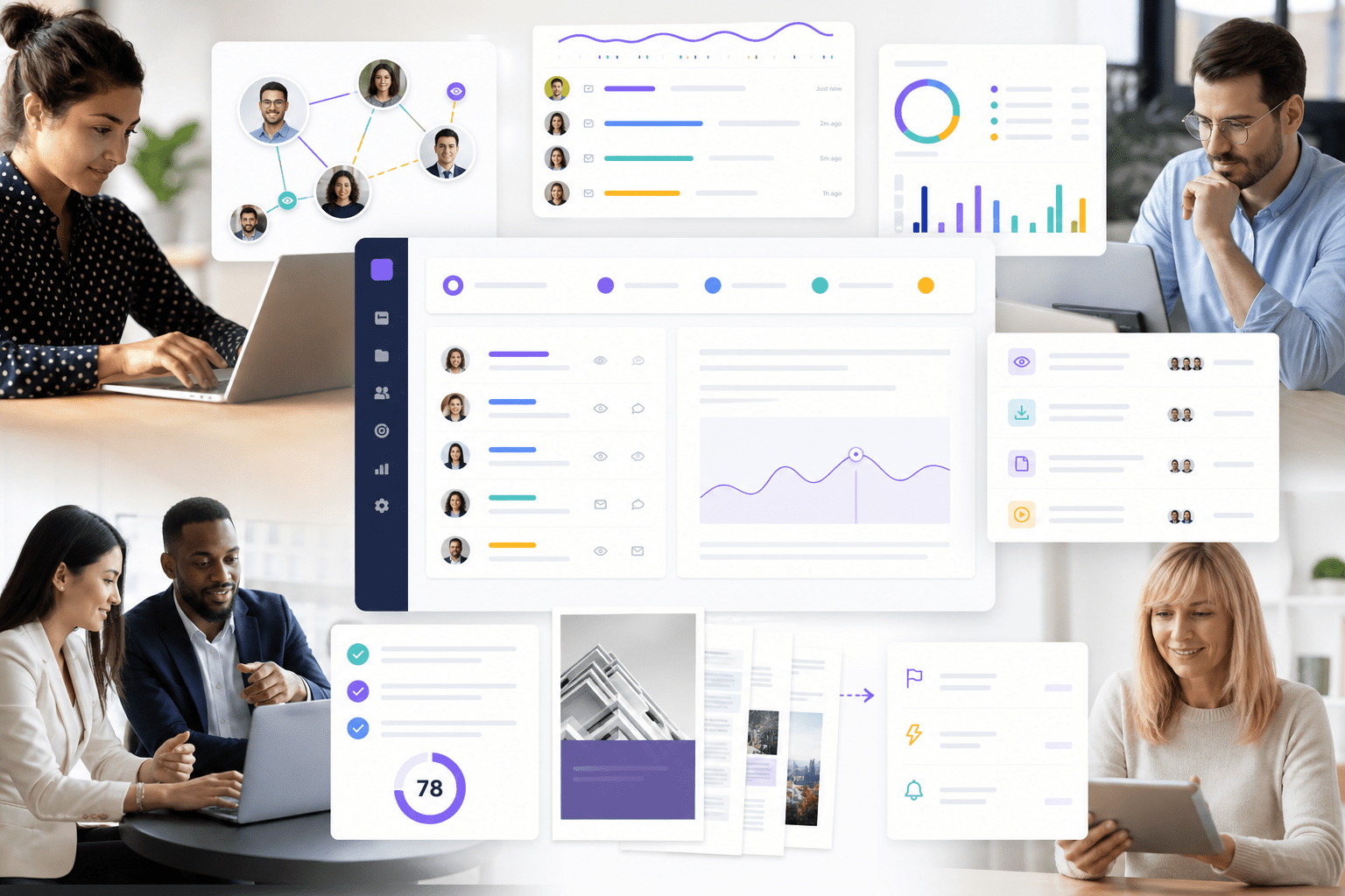 A shared digital room shows timeline, stakeholder map, tasks, file library, forms, and e‑signature. REX suggests next steps while CRM fields sync automatically in a right‑hand sidebar and activity feed.