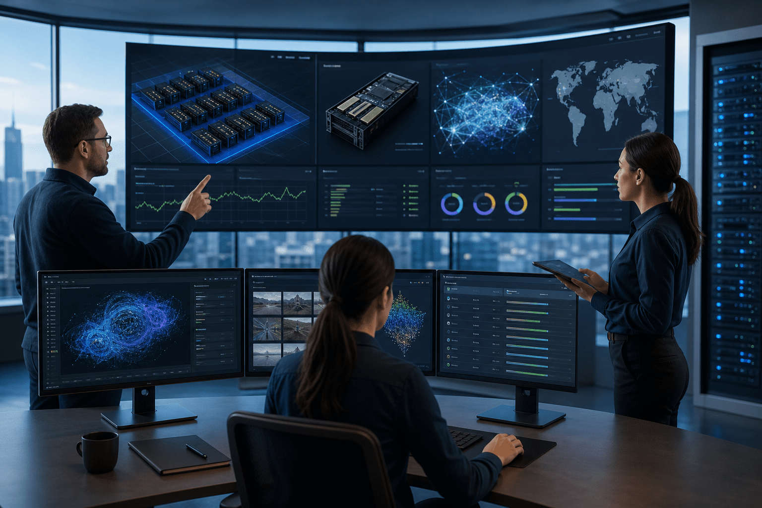 Console view showing region selection, GPU SKUs (GB300, H200, L40S), capacity quotas, job queue health, and real-time energy and thermal telemetry mapped to an AI Factory deployment.