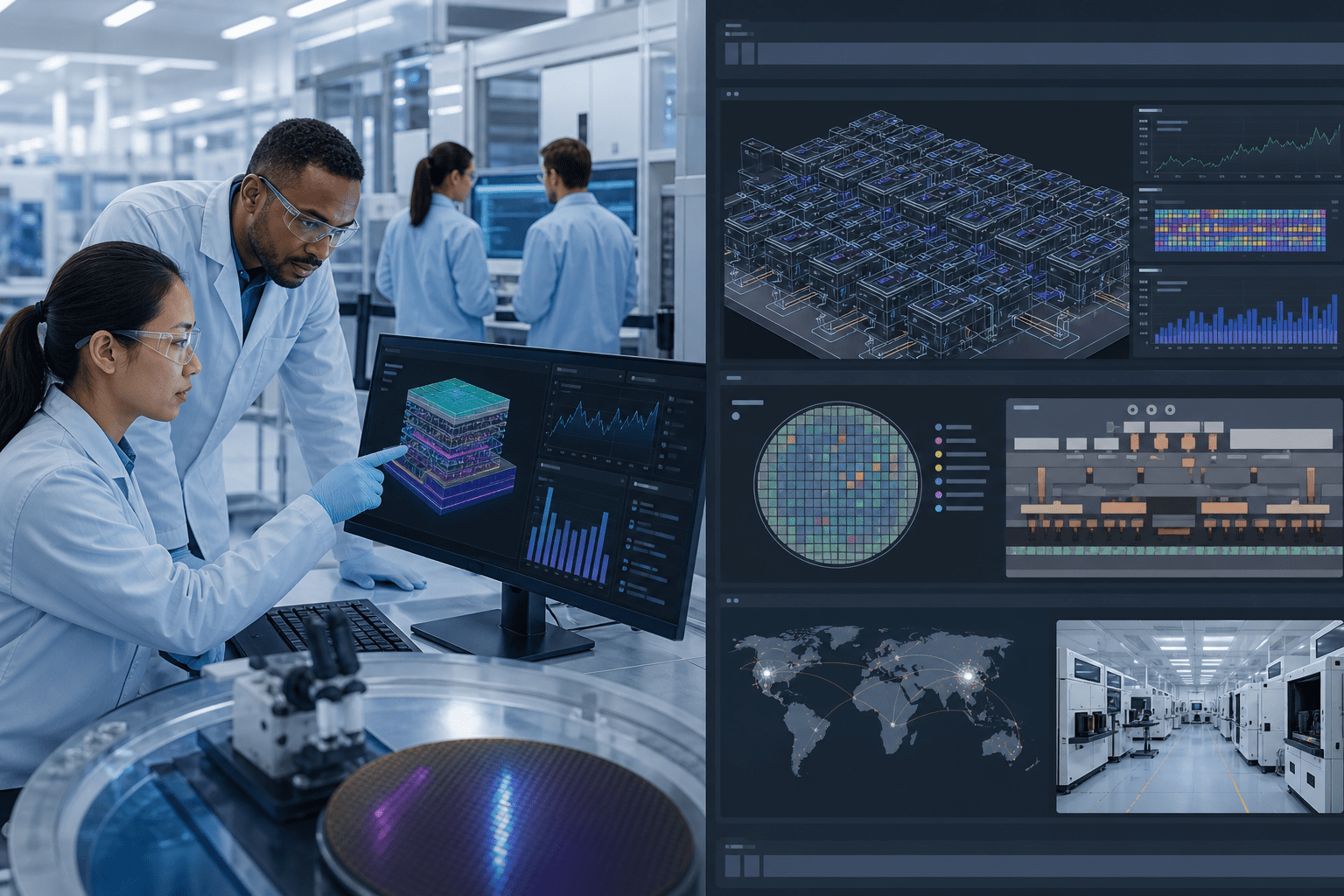 High-level factory view showing automation software coordinating equipment, recipes, and data across production lines, with service and supply chain programs ensuring uptime, parts availability, and stable, high‑yield ramps.