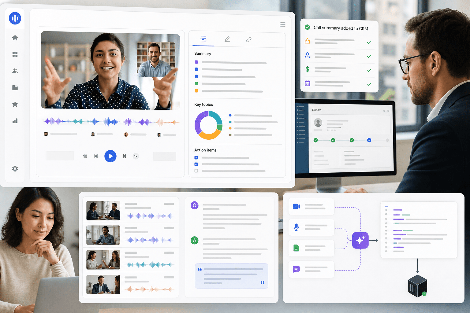 Eine einheitliche Meeting-Zeitleiste zeigt sprechergekennzeichnete Transkripte, Inline-Notizen, Markierungen, Clips und Aufgaben mit Ein-Klick-Exportfunktionen für Claude, ChatGPT, CRM-Synchronisation und Quellenangaben für bibliotheksweite Antworten.