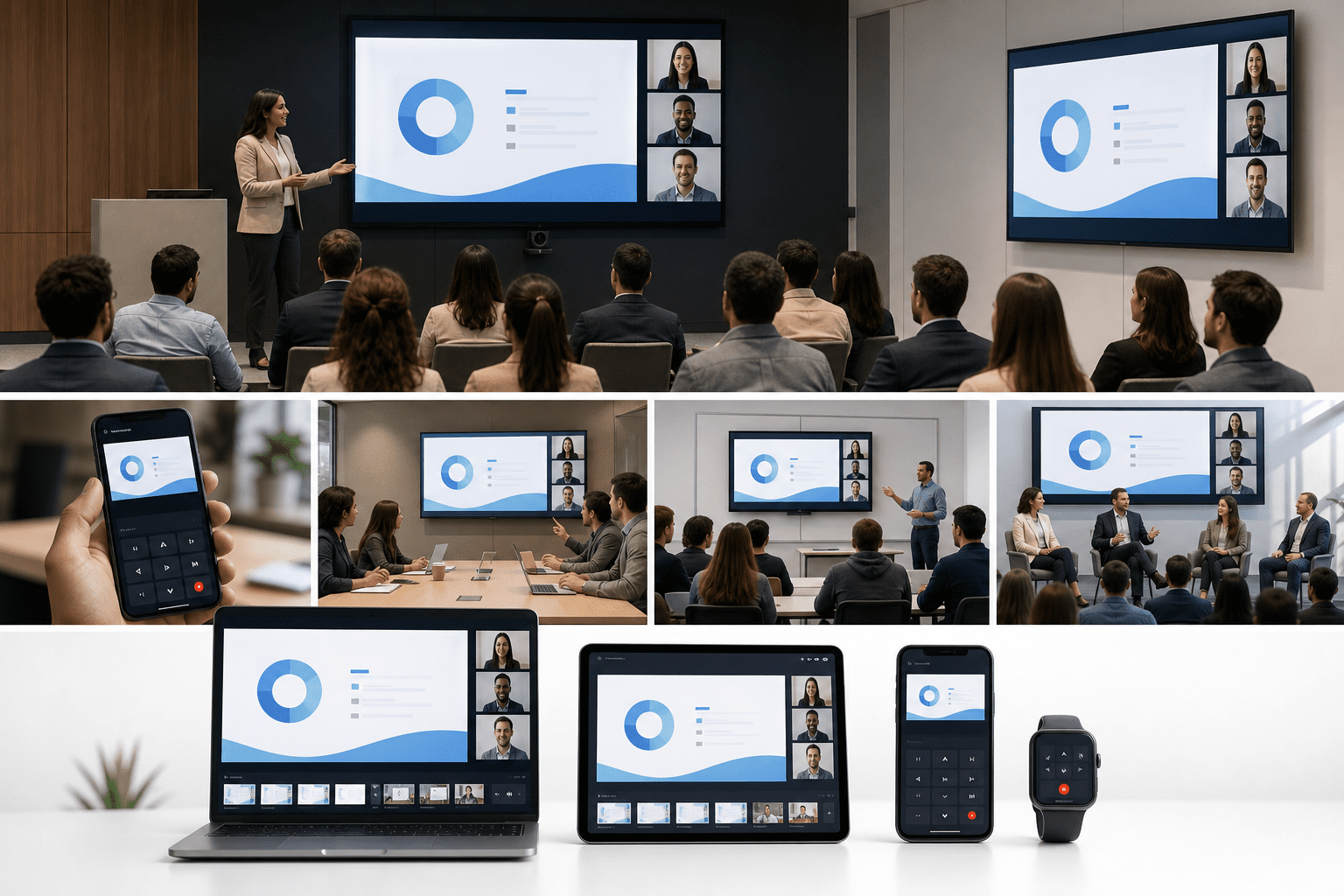 Producer dashboard showing synchronized presenter notes, active slide, and next slide views, with link-based access for remote speakers and a separate audience output mirrored to projectors and overflow rooms.