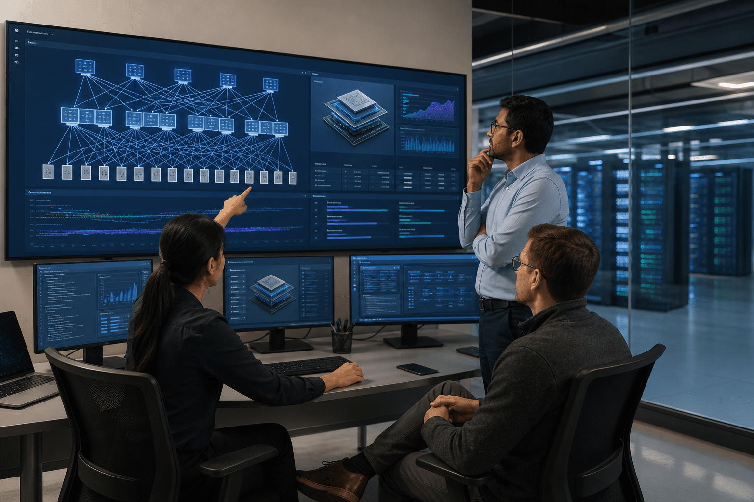 Reference AI data center architecture: 102.4 Tbps spine switches connect leaf tiers via coherent optics, with DPUs offloading security and storage, and CXL fabrics enabling pooled memory across accelerator racks.