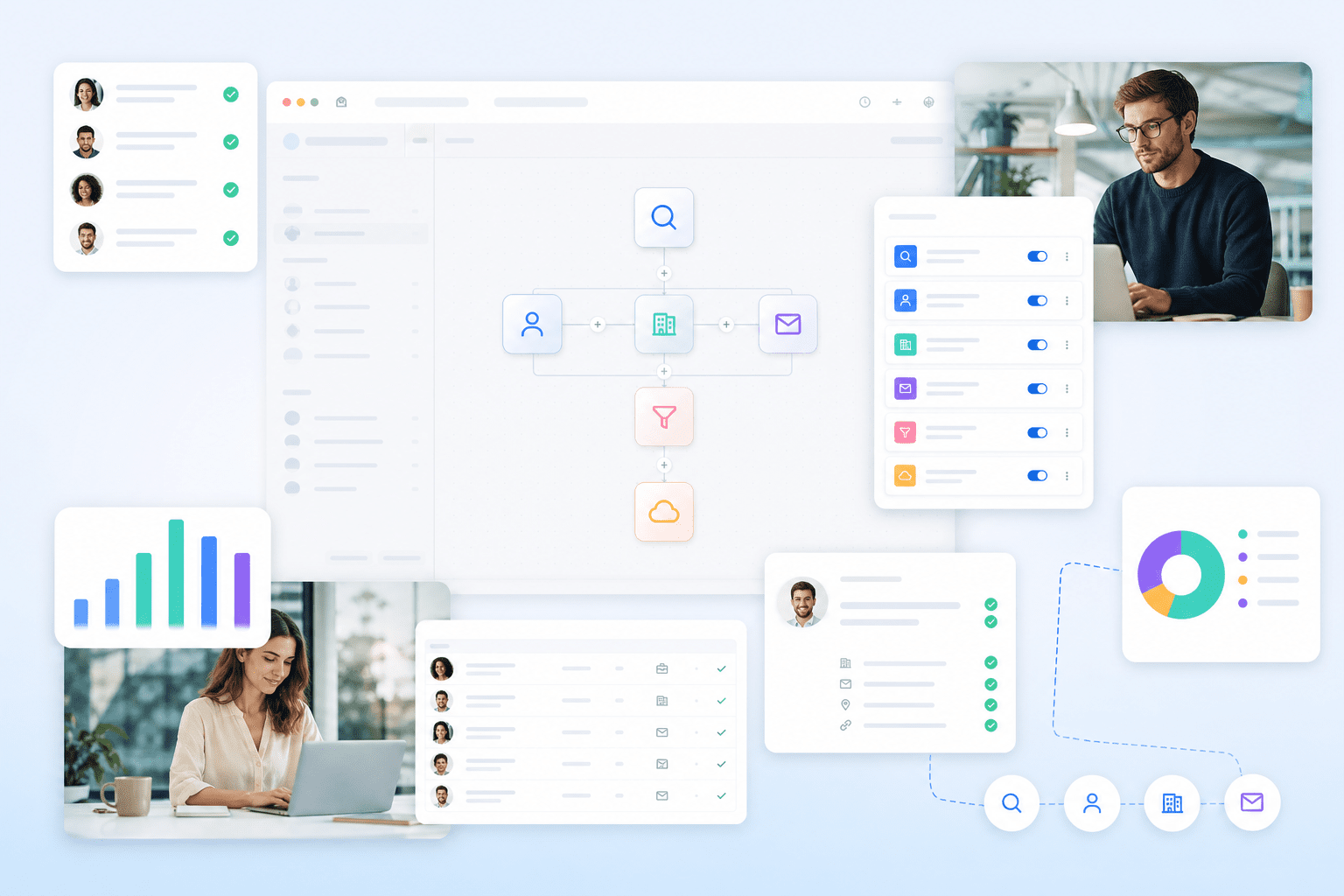 Panel que muestra automatizaciones con controles de programación, fuentes de entrada e historial de ejecuciones. Un registro detallado muestra solicitudes, límites de tasa y reintentos. Configuraciones API muestran tokens para activar tareas y descargar resultados estructurados.