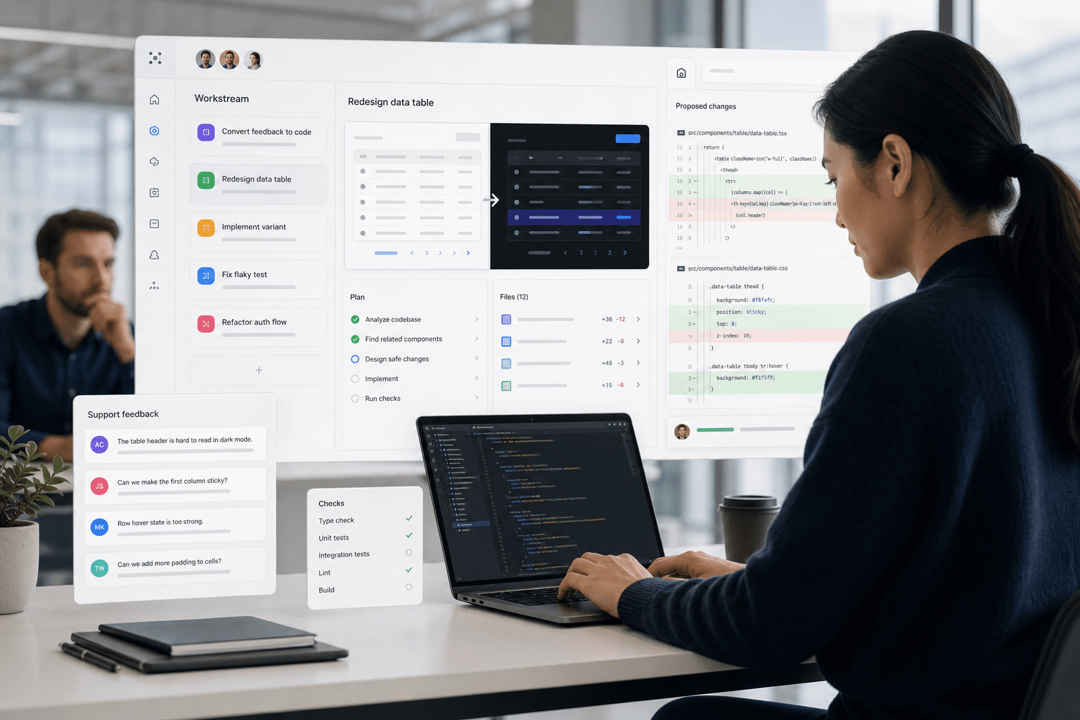 Fei Studio shows a task plan, visual variant preview, and generated diffs side-by-side, with a ready-to-merge PR and linked spec, aligned to the repository’s components and design system.