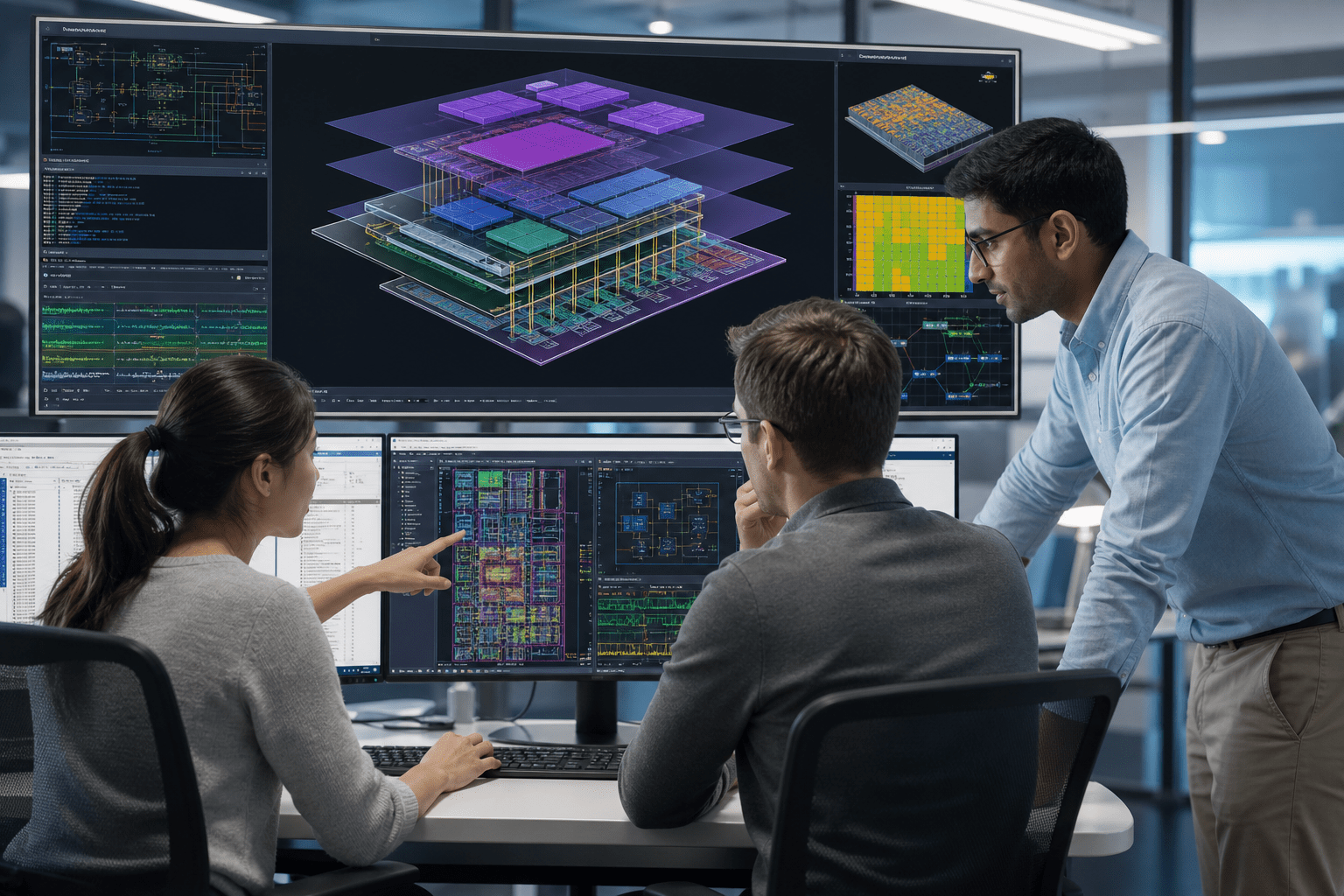 End-to-end flow shows architecture, RTL, verification, physical implementation, and signoff connected to lifecycle analytics, with AI optimization and multiphysics checks spanning multi-die integration and system-level digital twins.