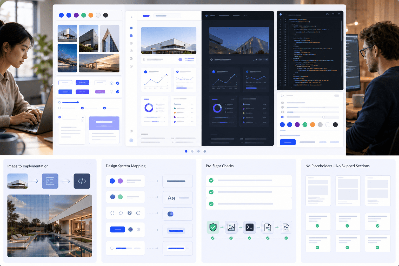 Agent pipeline using SKILL.md: brief ingestion, design‑system selection, dual‑theme checks, block library assembly, and pre‑flight validation before code emission, producing consistent, non‑templated UI across Cursor, Claude Code, Codex, Gemini CLI, v0, and Lovable.