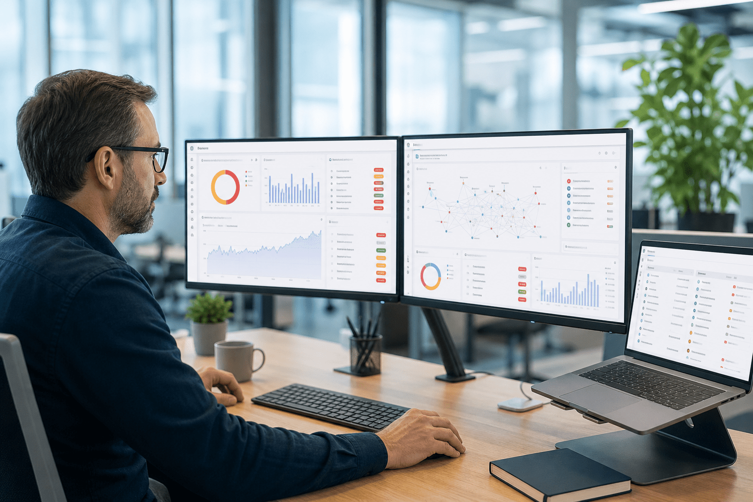 Console view showing live device and software inventory, policy definitions in natural language, and agent enforcement status with remediation actions, exceptions, and AI usage insights across people, devices, and applications.