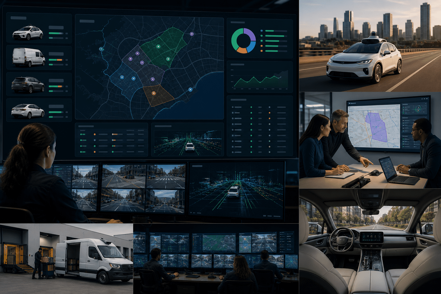 Architekturansicht mit Wahrnehmungs-, Vorhersage-, Planungs- und Steuerungsmodulen, Hardware-Abstraktionsadaptern, Fahrzeug-ECU-Schnittstellen und Cloud-Tools für Daten-Triage, Sicherheits-Workflows, Software-Releases und Flottenbetrieb in mehreren Städten.
