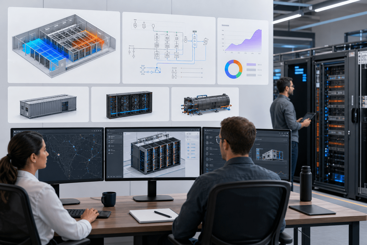 AI pod layout showing liquid-cooled racks on busway, redundant UPS upstream, and heat-rejection plant, monitored via console and IP KVM for secure remote control and maintenance workflows.