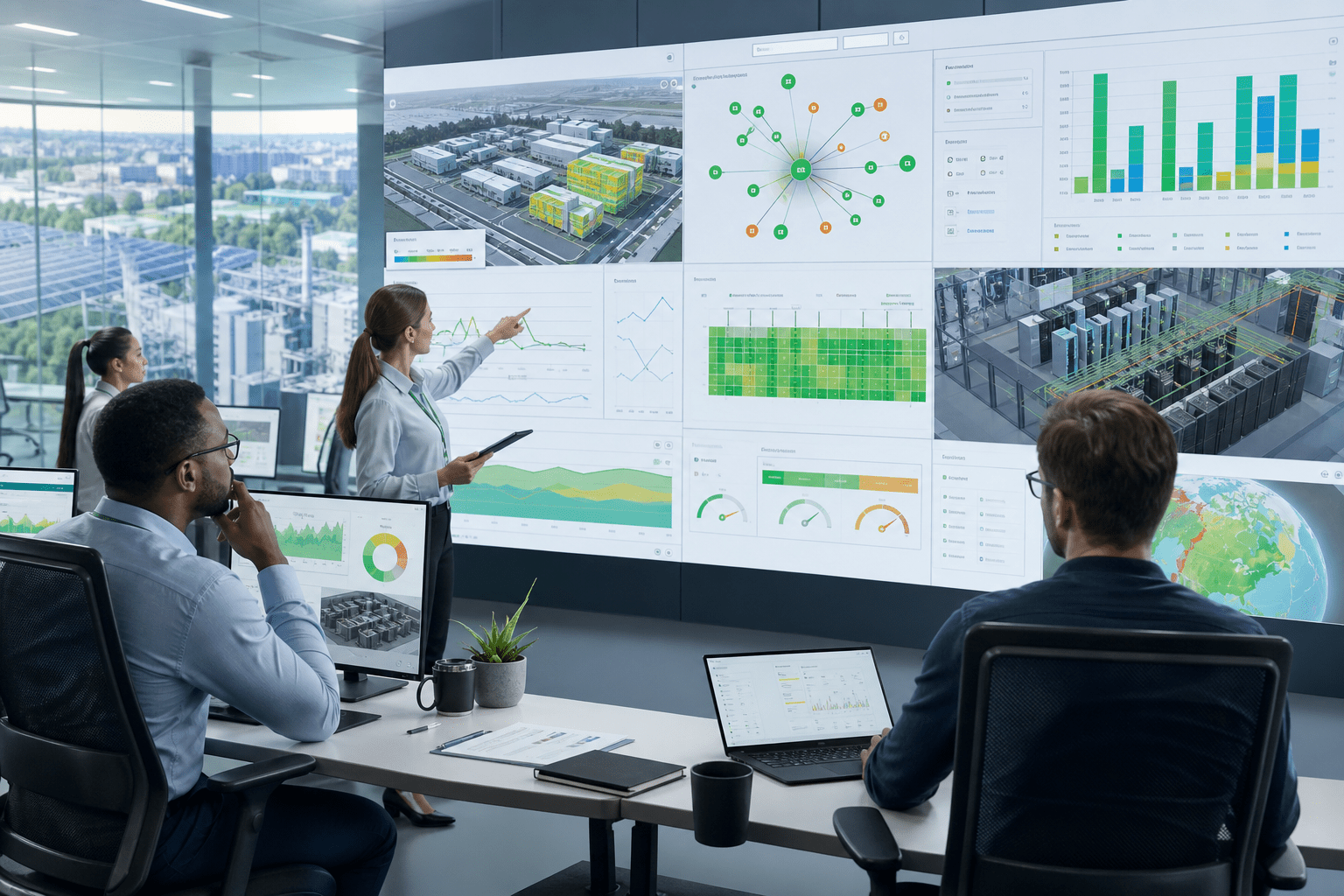 Vereinheitlichtes Dashboard, das Stromflüsse, Kühlleistung, Rechenkapazität, Alarme, KI-Empfehlungen und Nachhaltigkeits-KPIs über mehrere Standorte mit Drilldowns vom Unternehmen über die Anlage bis zum Asset anzeigt.