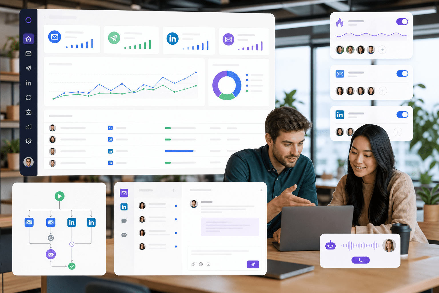 Sequence builder with conditional branches and safe send windows, mailbox rotation and warm-up status. Primebox unifies email and LinkedIn threads with AI-assisted classification, SLA timers, and performance analytics tied to deliverability and bookings.