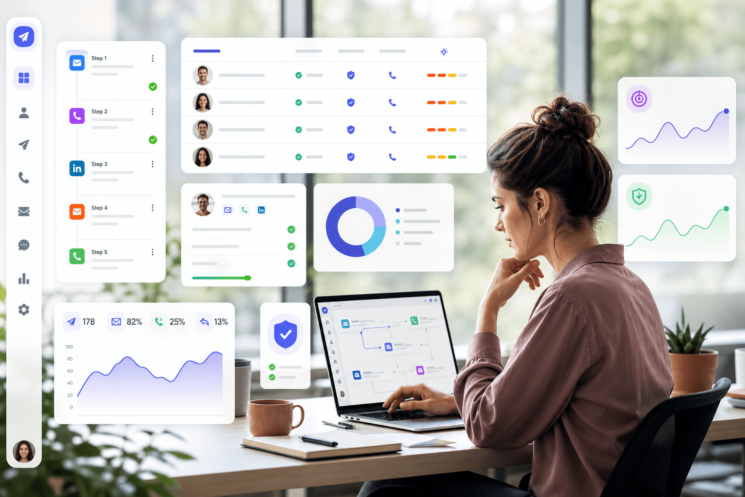 이메일, LinkedIn, 전화, WhatsApp, SMS 단계가 포함된 시퀀스 편집기, AI가 제안하는 카피 블록, 의도 트리거, 연결된 메일박스 전반의 도메인 상태와 워밍업 현황을 요약하는 전달 가능성 대시보드.