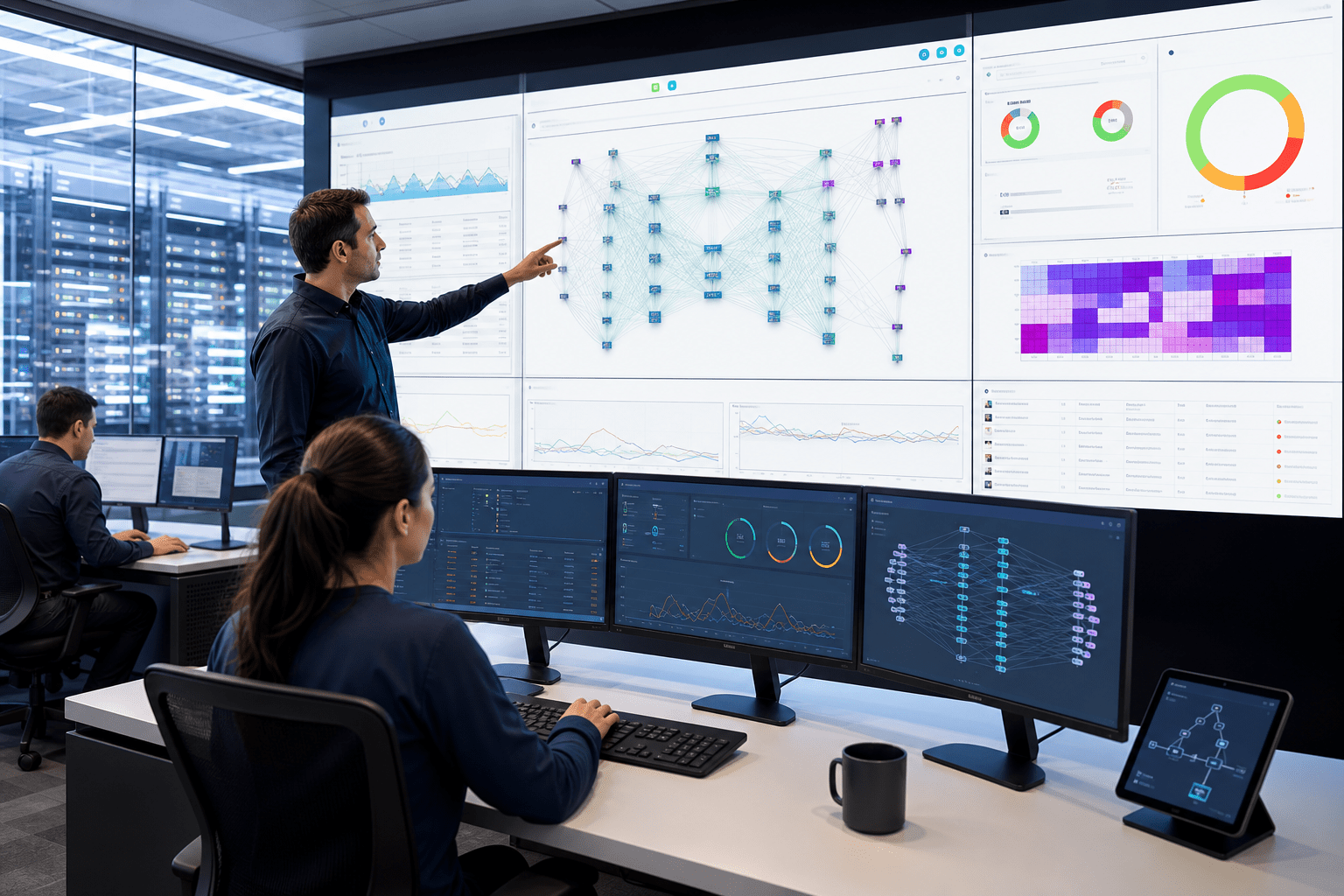 CloudVision orchestriert AI-Fabric- und Campus-Netzwerke mit Topologie-, Richtlinien-, Änderungssteuerungs- und Telemetrie-Dashboards, die über EOS-basierte Switching-, Wi‑Fi- und Edge-Routing-Plattformen vereinheitlicht sind.