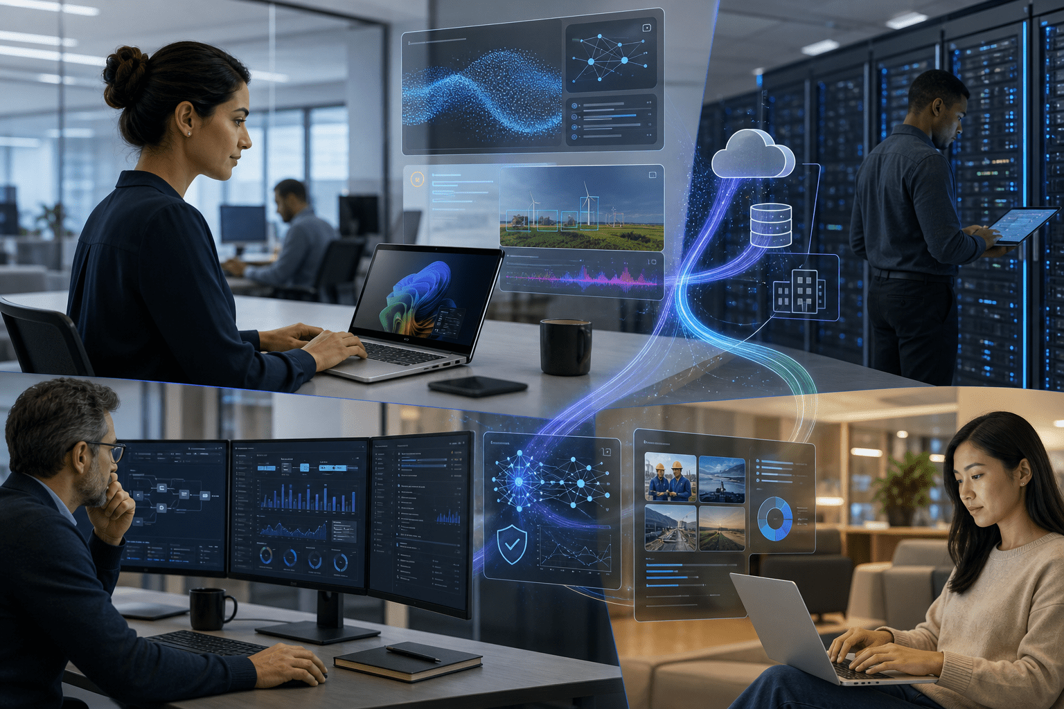 Arquitectura de referencia que enlaza servidores, almacenamiento y redes para ofrecer entrenamiento e inferencia de IA en edge, núcleo y nube, gobernada por paneles AIOps que muestran salud, líneas base de rendimiento, capacidad y telemetría de la flota para intervenciones proactivas.