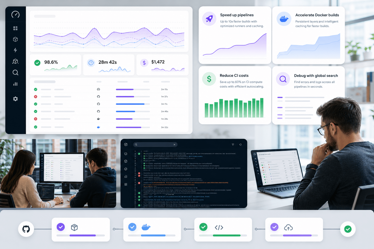Blacksmith’s console surfaces failing and slow jobs, global log search results, and inline PR annotations, alongside cache hit metrics and timing breakdowns to help teams tune pipelines and resolve regressions quickly.