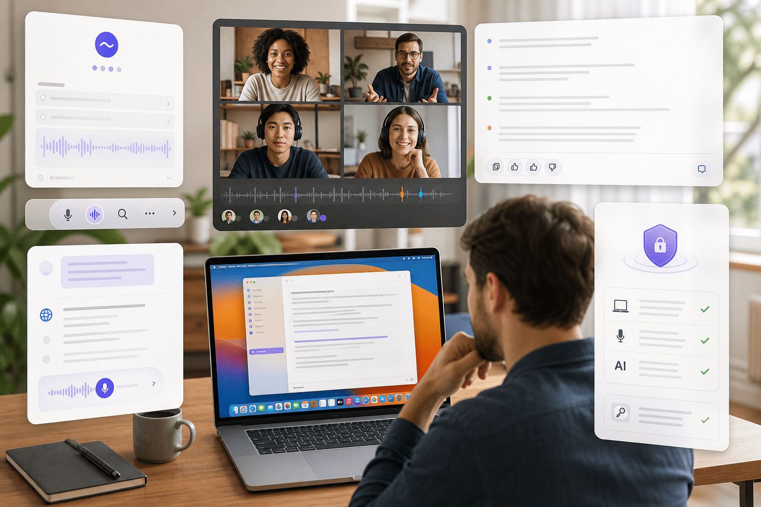 A compact macOS assistant shows live mic input, detected app context, model selection, and an auto‑insert preview, confirming where generated text will be placed before executing the action.