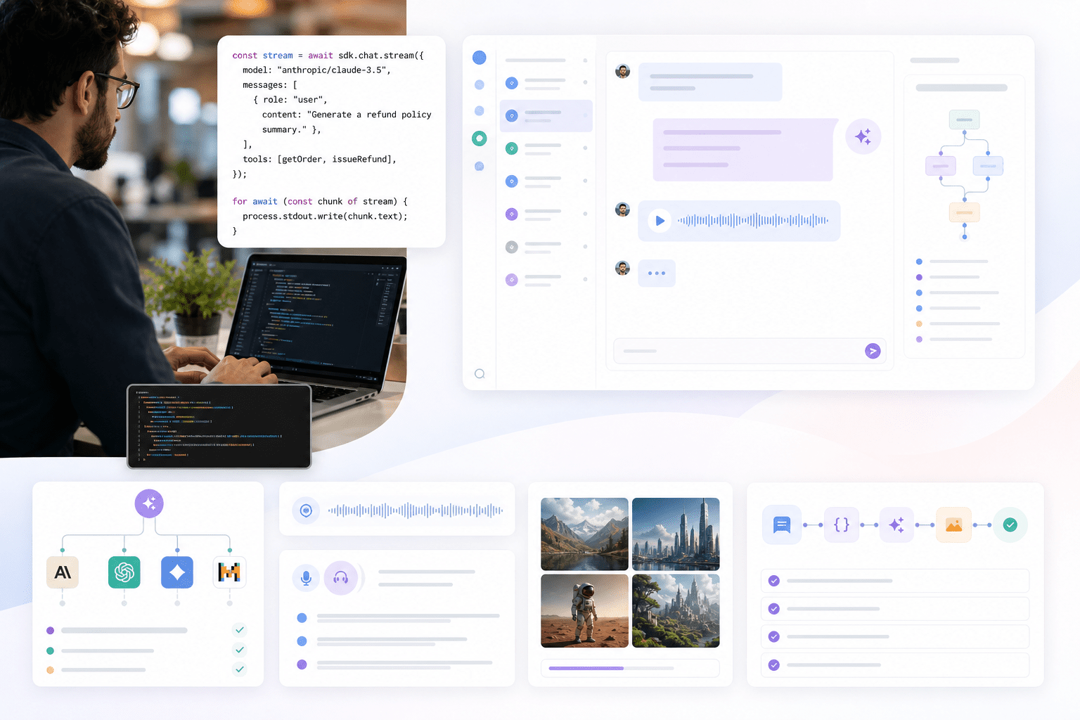 Codeausschnitt mit generateText und Modellauswahl, daneben ein Streaming-Chat-Panel, Provider-Router-Konfiguration und Workflow-Zeitachse mit Tool-Aufrufen, Fallbacks und fortsetzbaren Schritten.