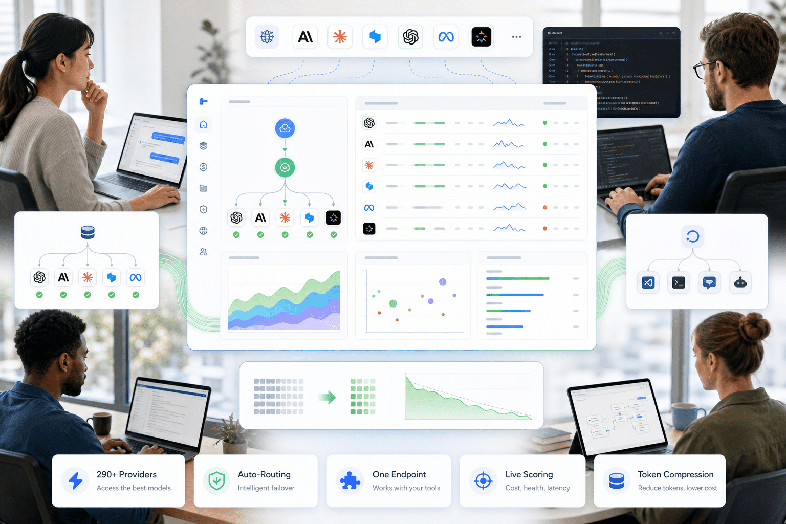 Dashboard view with live provider scores, quota headroom, and routing decisions, plus an API panel exposing OpenAI-compatible endpoints and per-request cost and cache headers for each model invocation served through the gateway.