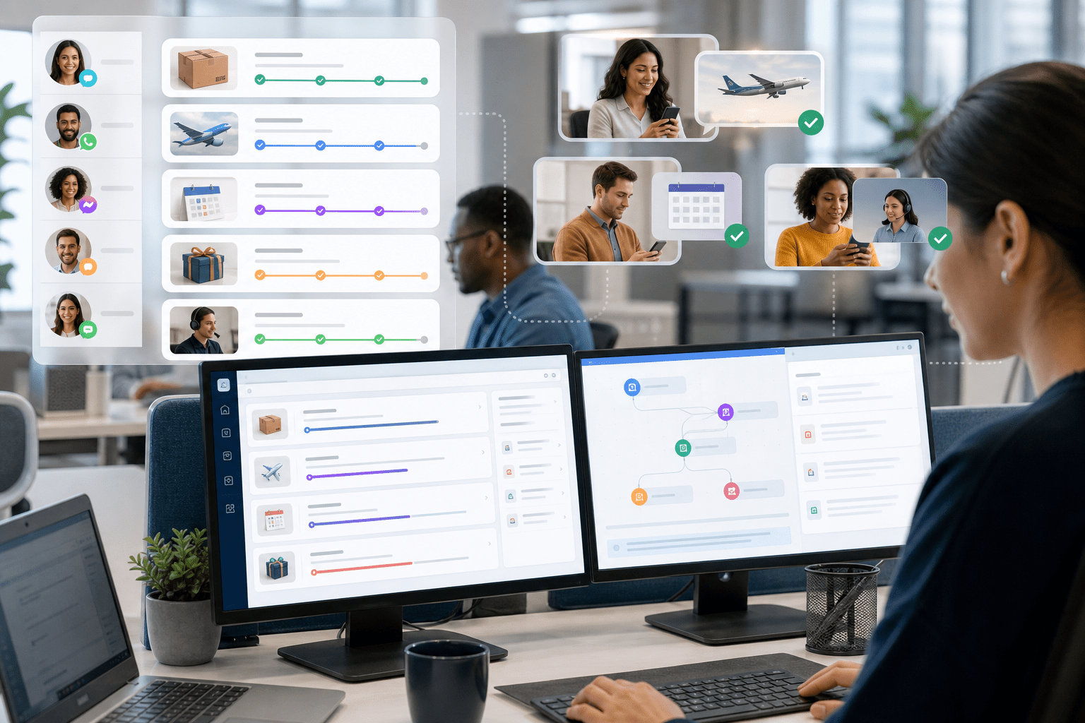 Agent Steward hub routing tasks to systems, with channel tiles and Trust OS dashboards visualizing adherence, metrics, and outcomes in real time across regions.