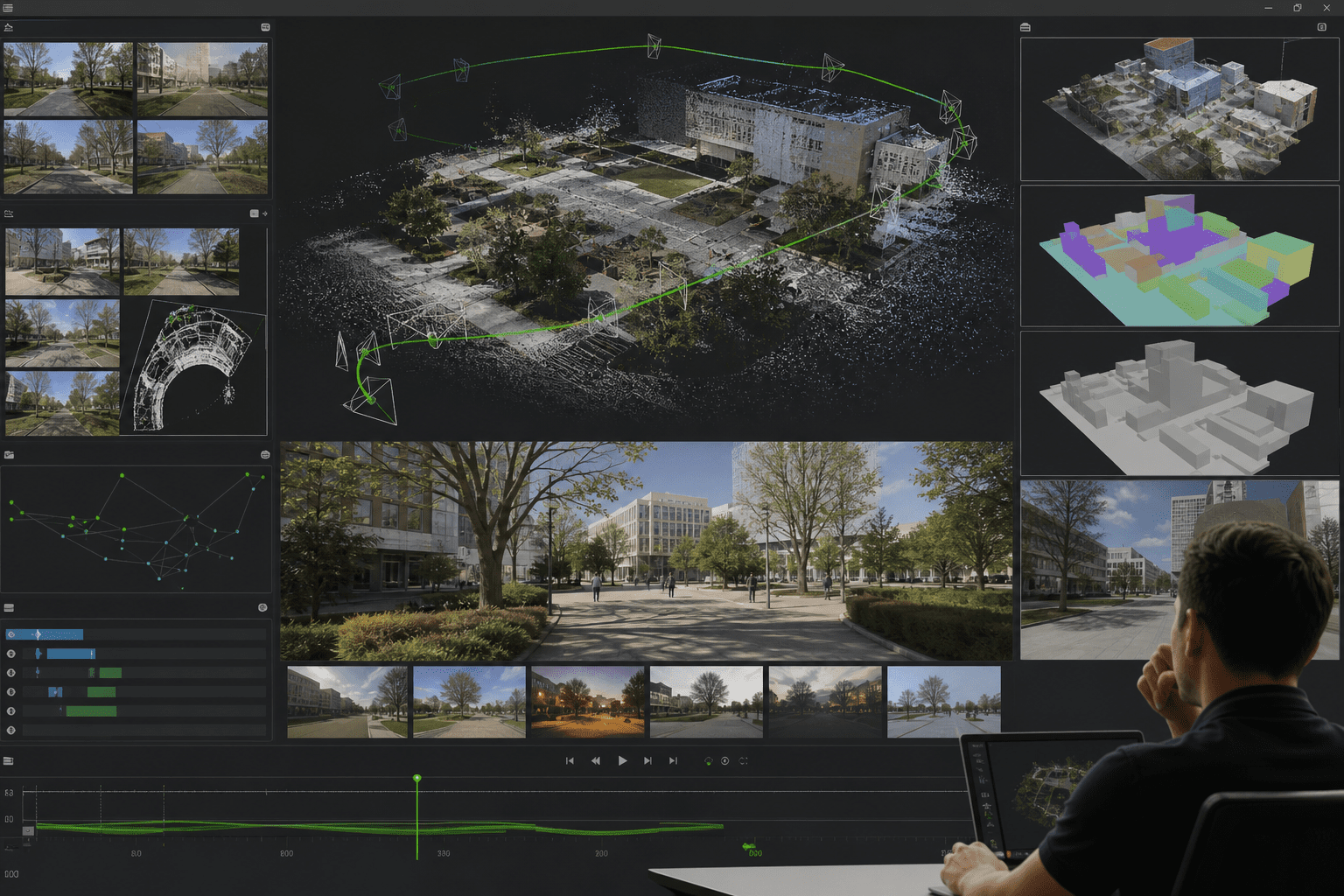 Lyra 2.0’s GUI with a 3D viewport, camera controls, trajectory timeline, sampling parameters, and export options, alongside console logs from inference scripts processing a batch of input videos.