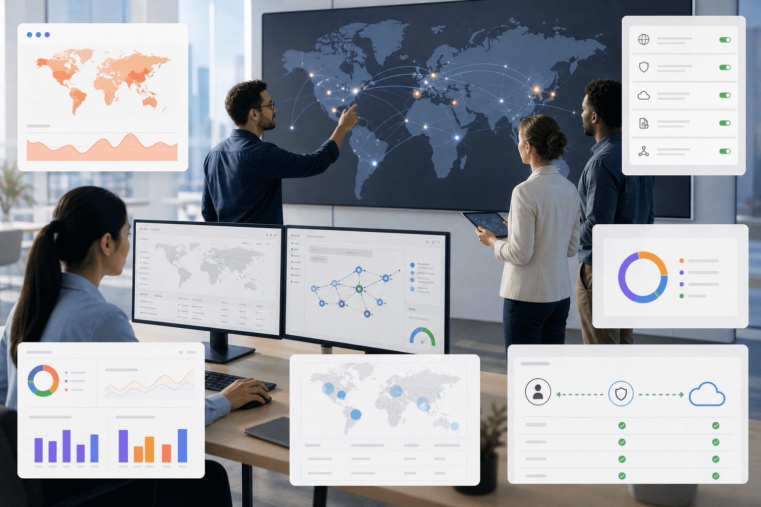 Cloudflare’s dashboard shows Workers deployments on a global map, Zero Trust access rules, performance charts, and threat analytics, unifying build, security, and network operations for applications and AI agents in one view.
