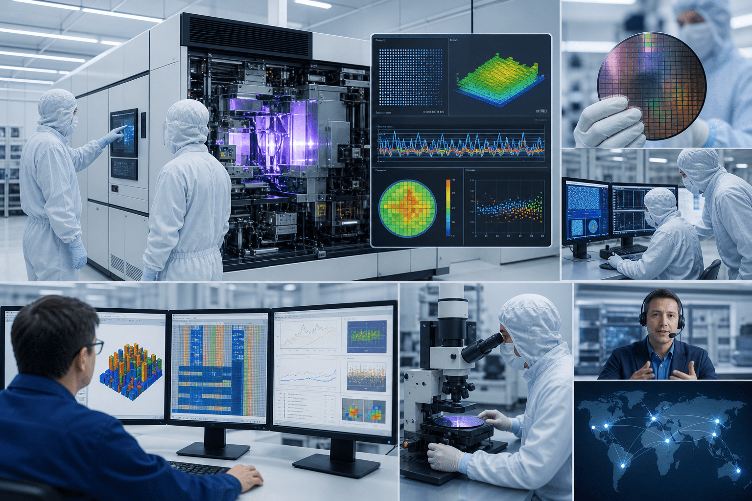 La arquitectura muestra la fuente de luz EUV o DUV, óptica de proyección, etapas de retícula y oblea con sensores de metrología, control en bucle cerrado y retroalimentación de litografía computacional que optimiza recetas de exposición y ventanas de proceso a través de múltiples capas.
