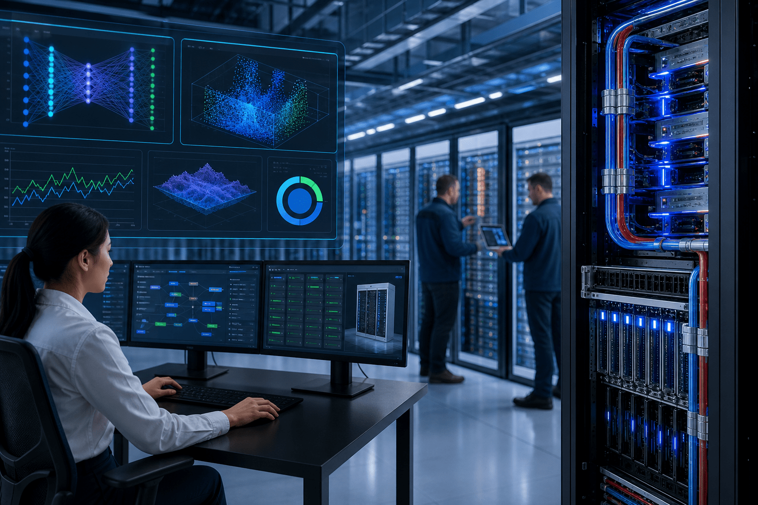 Rack-level AI factory layout with HGX B300 nodes, NVLink interconnect, EDSFF NVMe arrays, 400G switches, and liquid-cooling manifolds orchestrated by SuperCloud Composer and system management software.