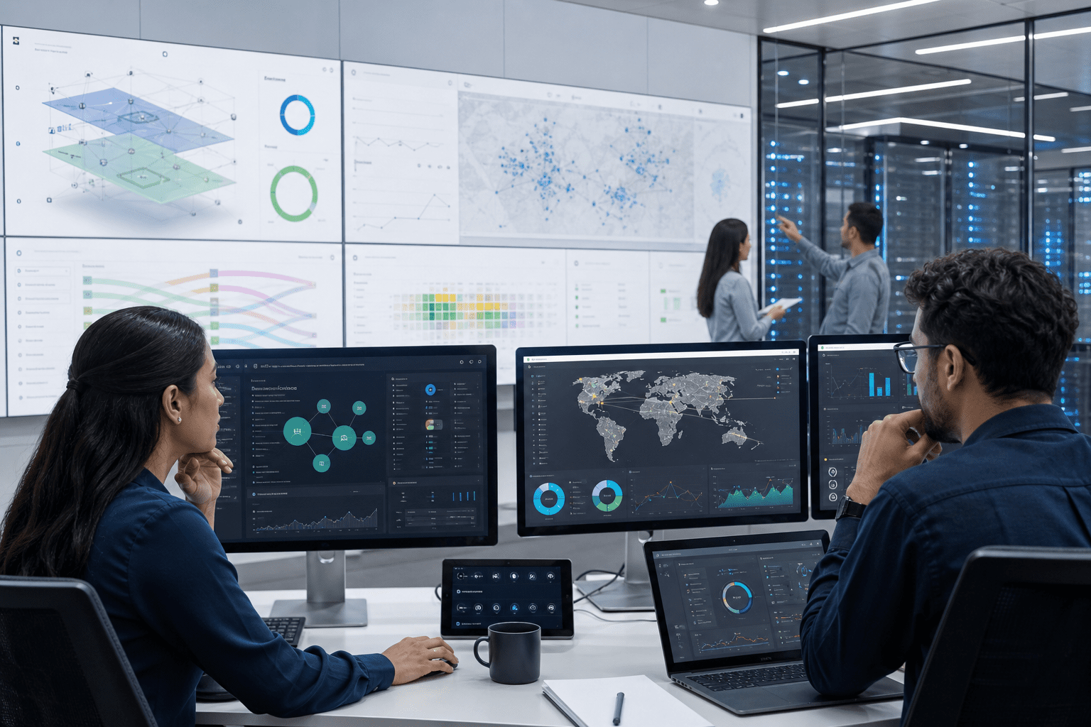 儀表板視圖顯示 Cloud Control 的統一拓撲、政策狀態、分段地圖與 AI 工作負載遙測，Cisco IQ 側邊欄提供跨資料中心、校園與邊緣的即時洞察、建議與指導自動化。
