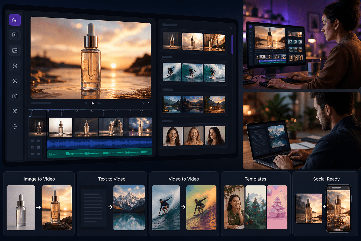 Browser workspace with a prompt field, input selector for text, image, or video, a model picker listing Sora, Veo 3.1, and Kling, and a live preview panel with style templates.