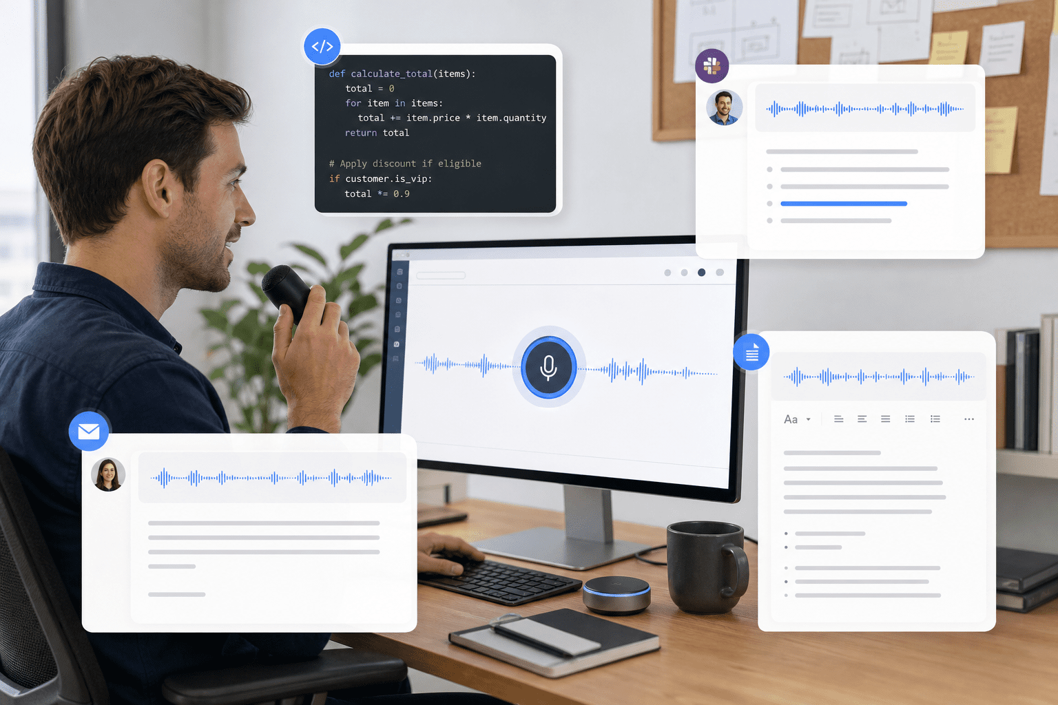 Mac overlay shows a push-to-talk indicator, real-time text streaming into an editor, and style controls for casing and punctuation, with a compact history panel for revising and reusing recent transcripts.