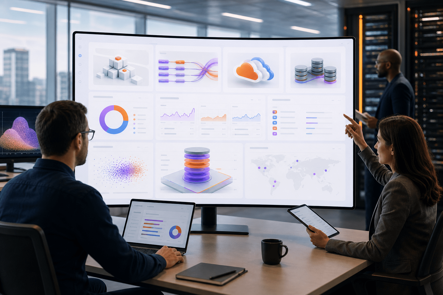 Unified console view showing policies, SafeMode snapshot status, SLA compliance, capacity and latency graphs, and hybrid connectivity across on‑prem arrays and public clouds supporting AI, databases, and virtualization workloads.