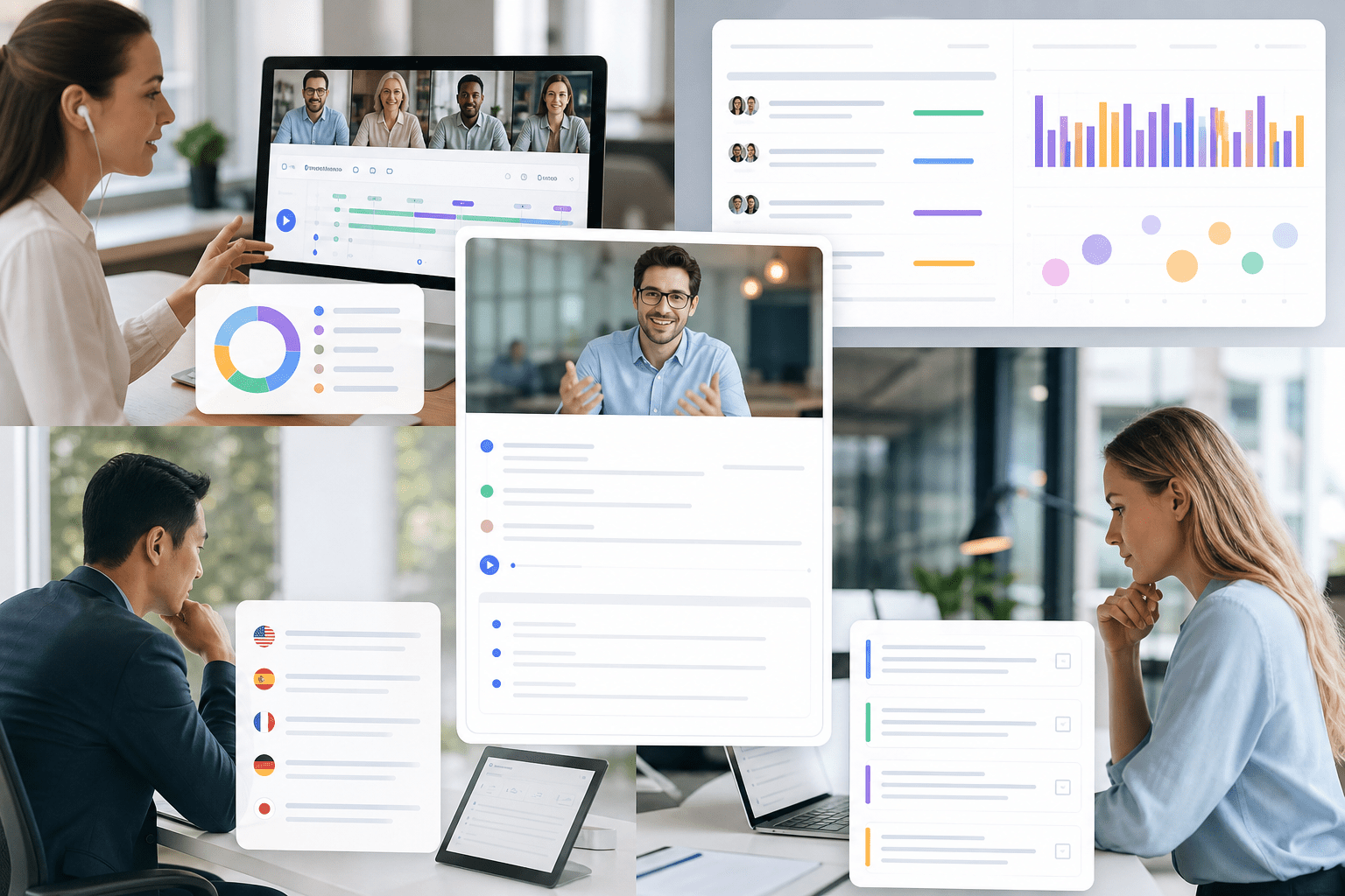 Workspace showing a recorded meeting with AI summary, speaker timeline, extracted action items, and multilingual transcript, plus toggles to enable CRM syncing and automated follow-up generation for downstream tools.