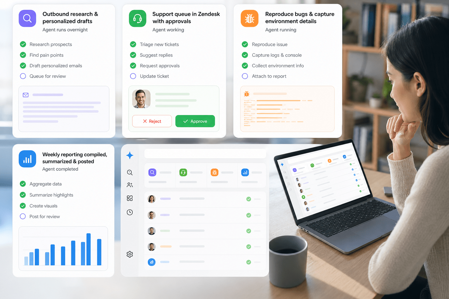 Desktop thread showing multiple Bots handing off tasks, routine playback controls, approval prompts, and a live session pane executing actions inside connected web apps and Zendesk.