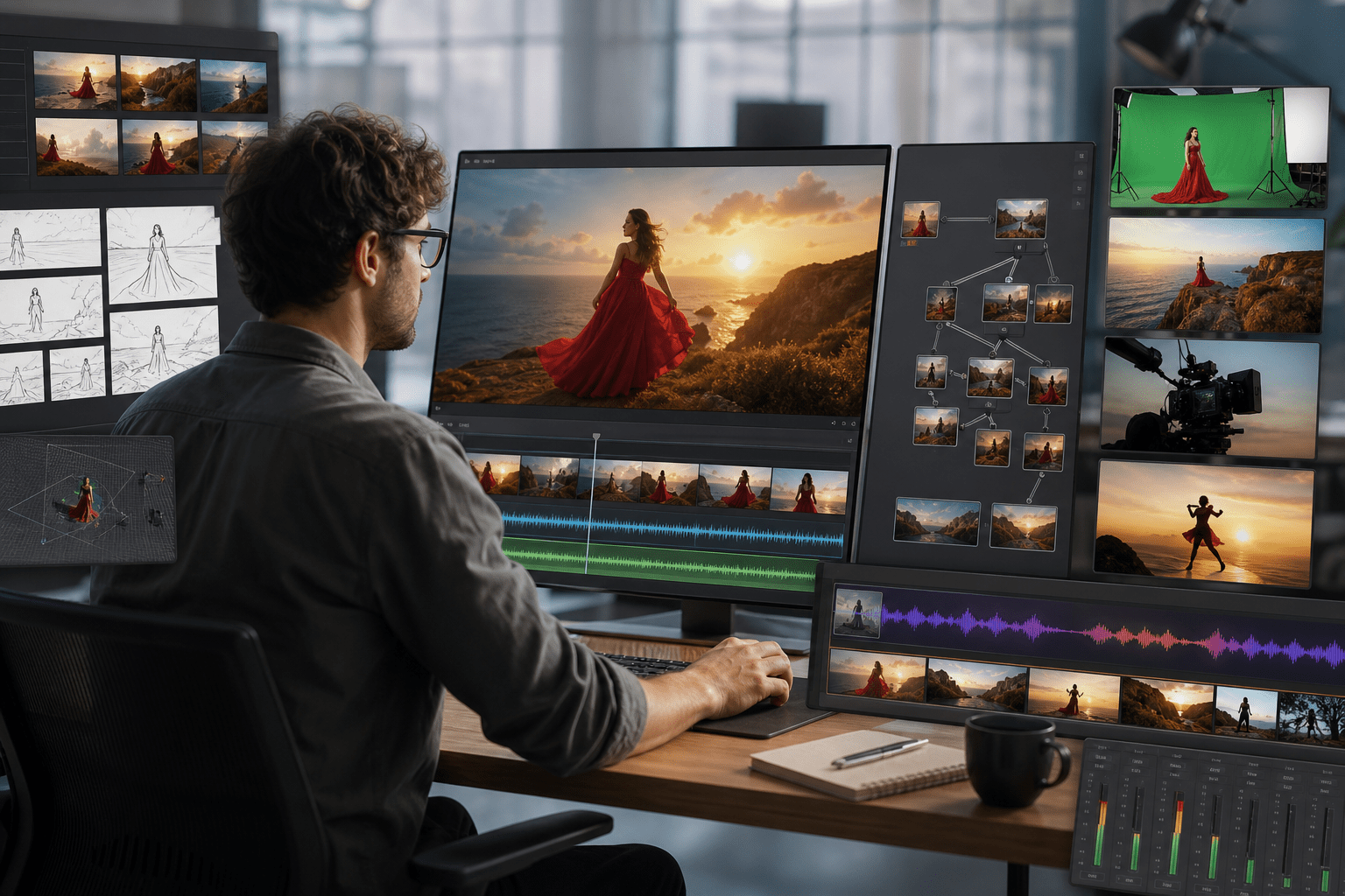 A browser interface with reference video preview, audio waveform, camera path controls, green-screen toggle, and white-model options, rendering a 30-second scene preview with smoother motion and editable framing for compositing.