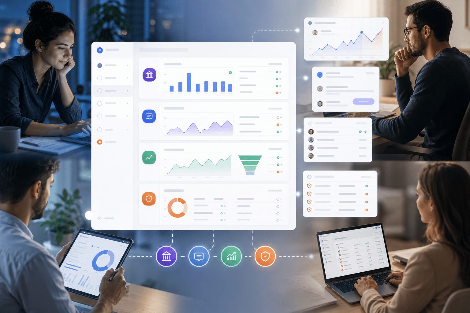 Operational console showing scheduled automations, live run logs, exception queues, approvals, and policy controls, with connectors and metrics powering autonomous tasks and safe, human-in-the-loop escalations across finance, support, sales, and internal operations.