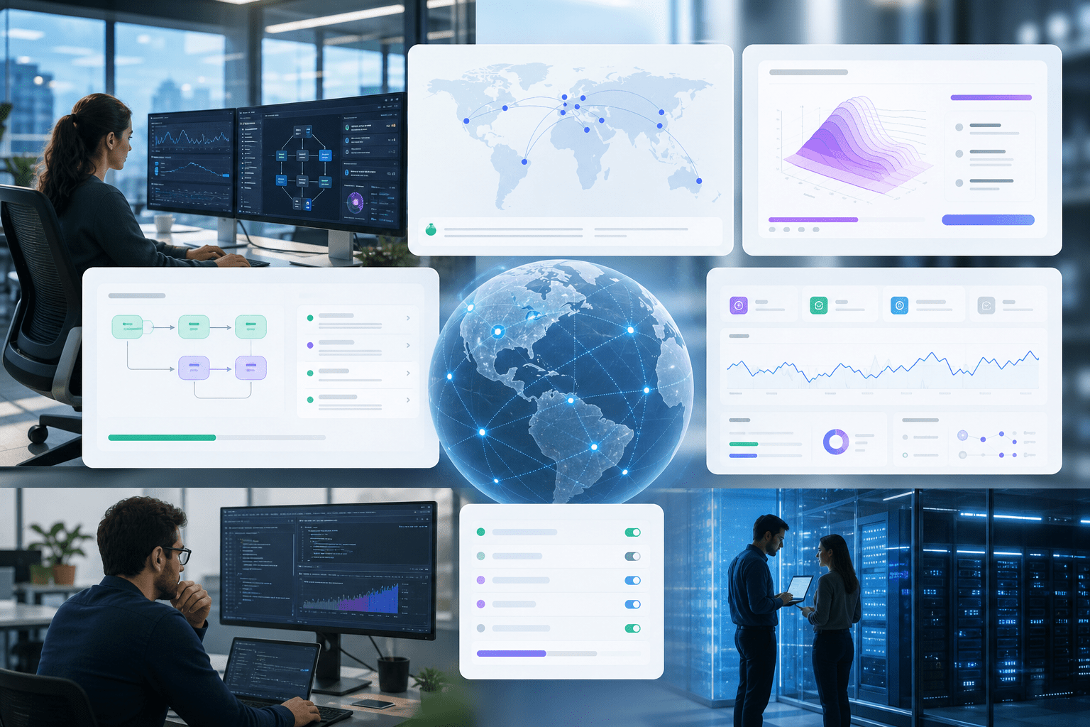 Command Center-Dashboard visualisiert Modellendpunkte, GPU-Auslastung, RDMA-Gesundheit, Latenz-Perzentile, Autoscaling-Richtlinien und Rollout-Status über Edge Zones hinweg mit Steuerungen für API-Schlüssel, Kontingente und Canary-Deployments.