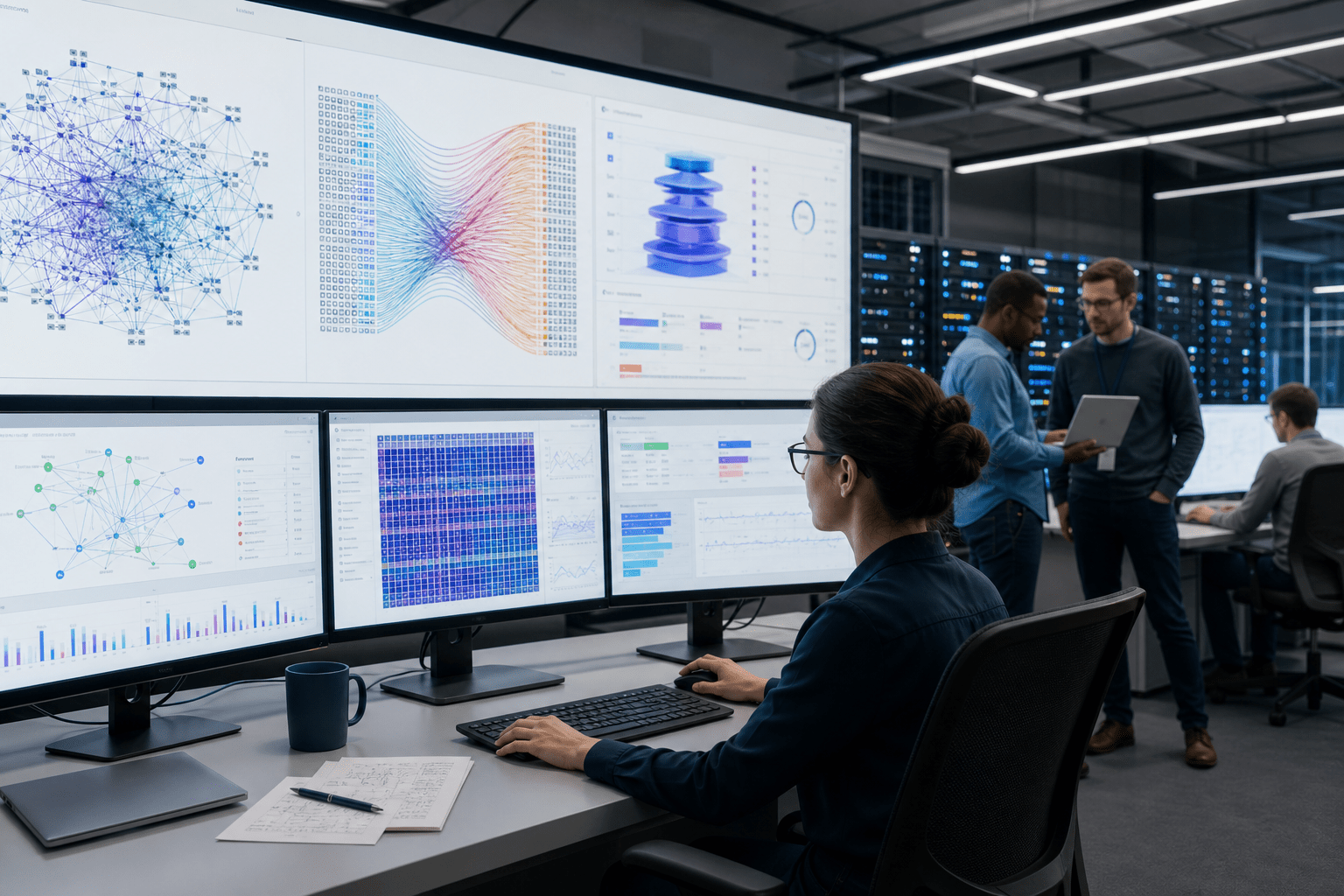 Architekturdiagramm, das Switching-Silizium zeigt, das Server, Speicherarrays und Edge-Geräte über standardbasierte Interkonnektivität verbindet, mit einer zentralisierten Verwaltungsebene, die Telemetrie sammelt, Richtlinien durchsetzt und die Leistung anhand von Kapazitäts- und Latenzzielen validiert.
