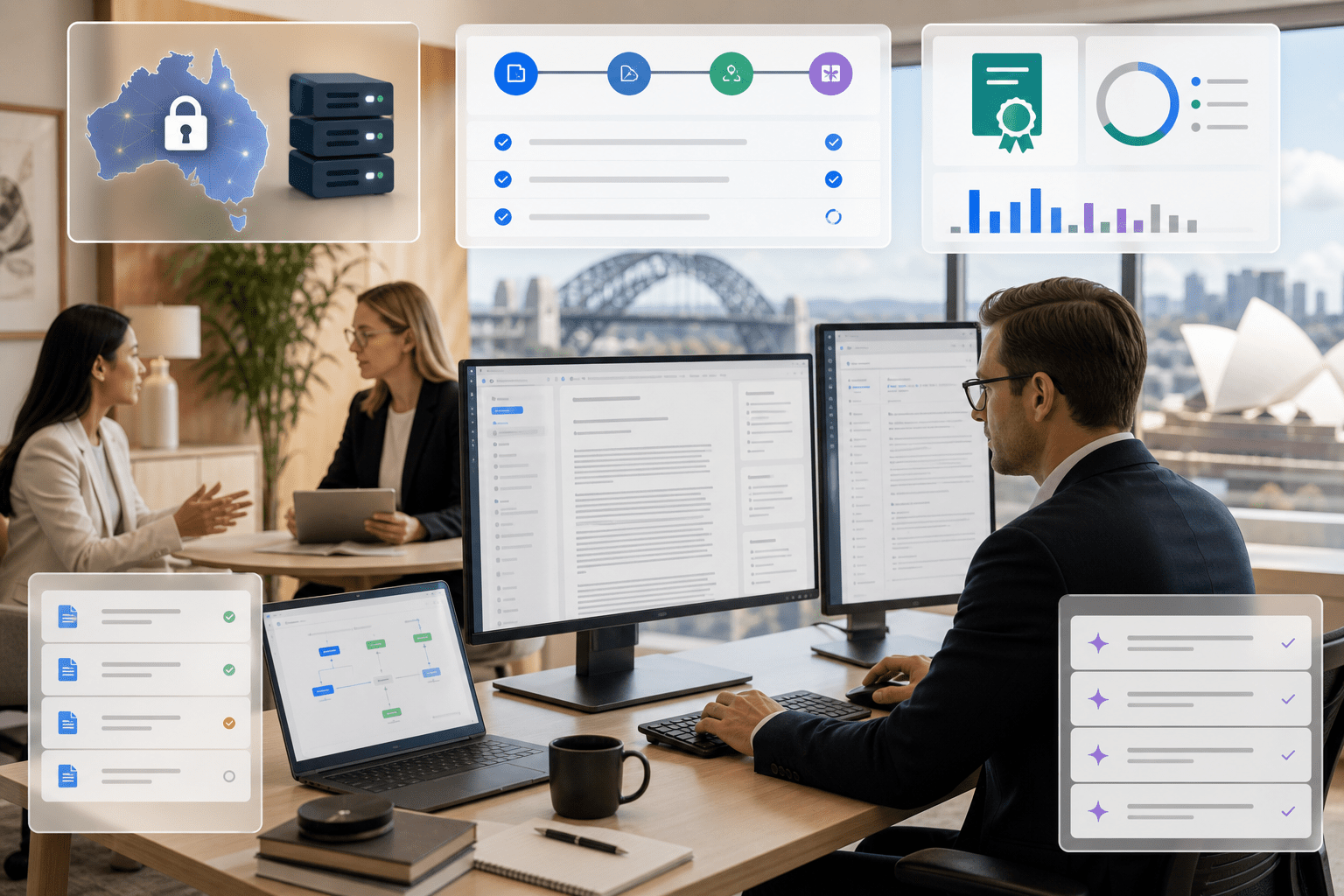Elfworks web console showing a query, stepwise reasoning, and side‑panel citations to legislation, ATO guidance, and rulings, with controls for comparison, client hub history, and CPD tracking across the firm.