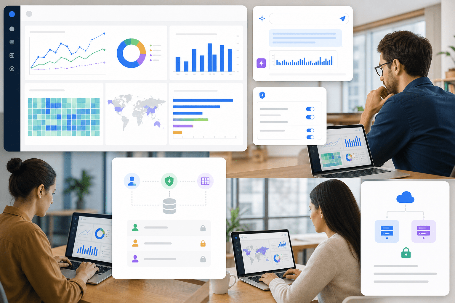 A white‑labeled dashboard embedded in a React view sits beside a conversational analytics panel; backend services enforce JWT roles, row‑level permissions, and audit logging across a multi‑tenant SaaS deployment.