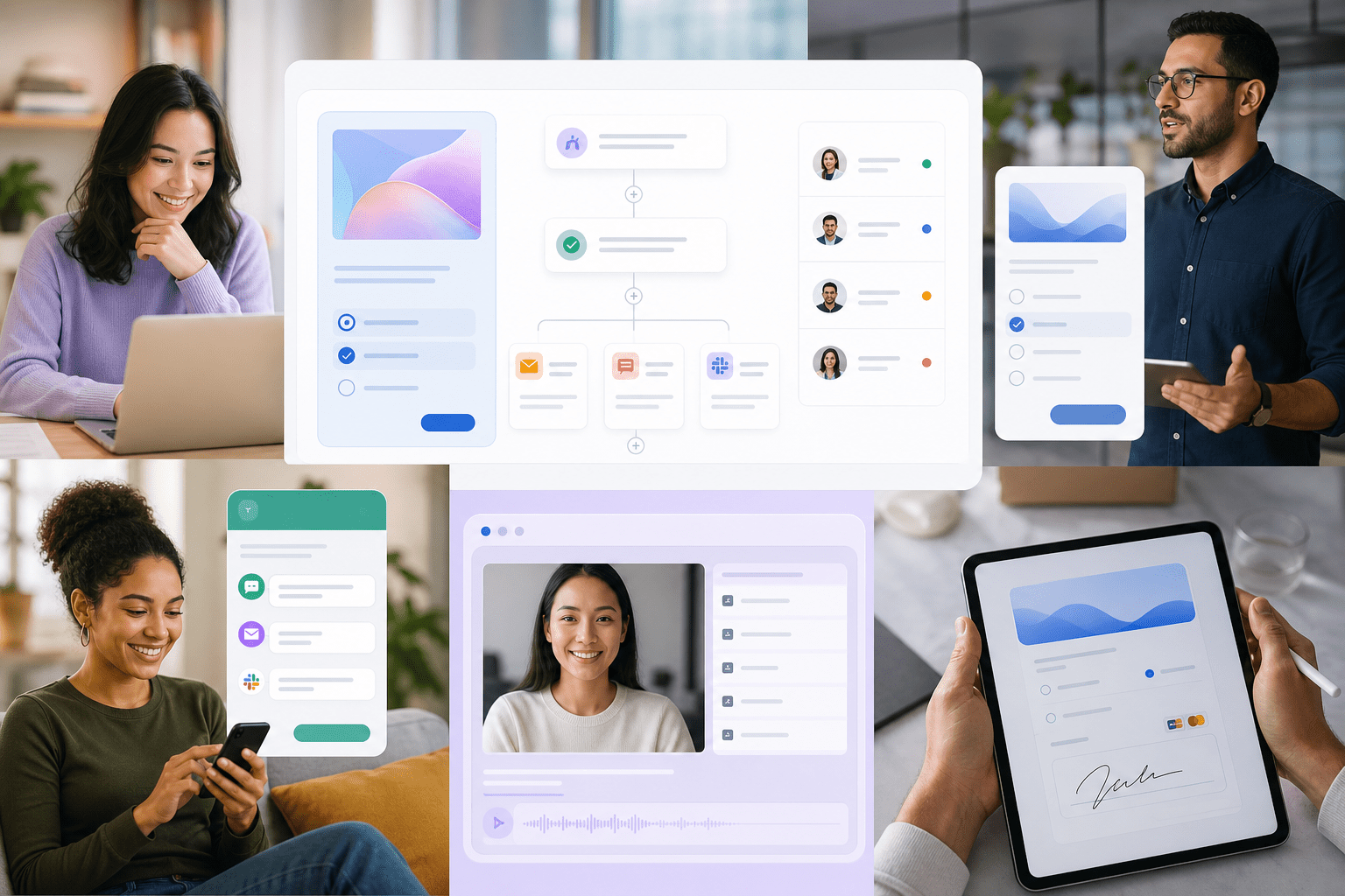 A Typeform builder canvas showing adaptive question logic, video response blocks, and a Growth Flow panel configuring lead enrichment, segmentation, and multi-channel follow-ups triggered by new submissions.