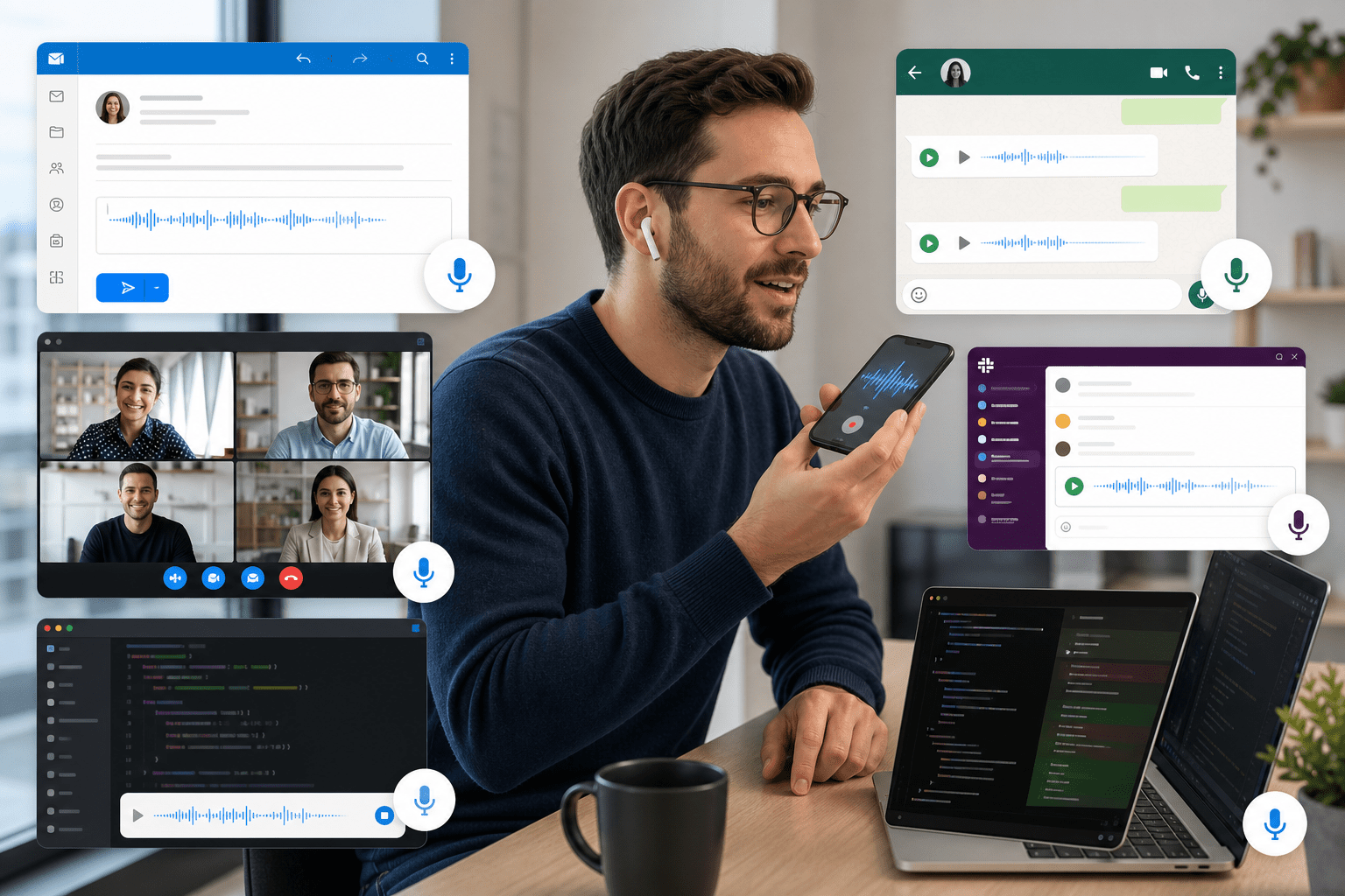 Desktop push‑to‑talk overlay with mode selector, persistent vocabulary, and clipboard auto‑paste. Meeting recorder and file uploader sit alongside shortcuts and Super Mode controls for adapting output to the active screen.