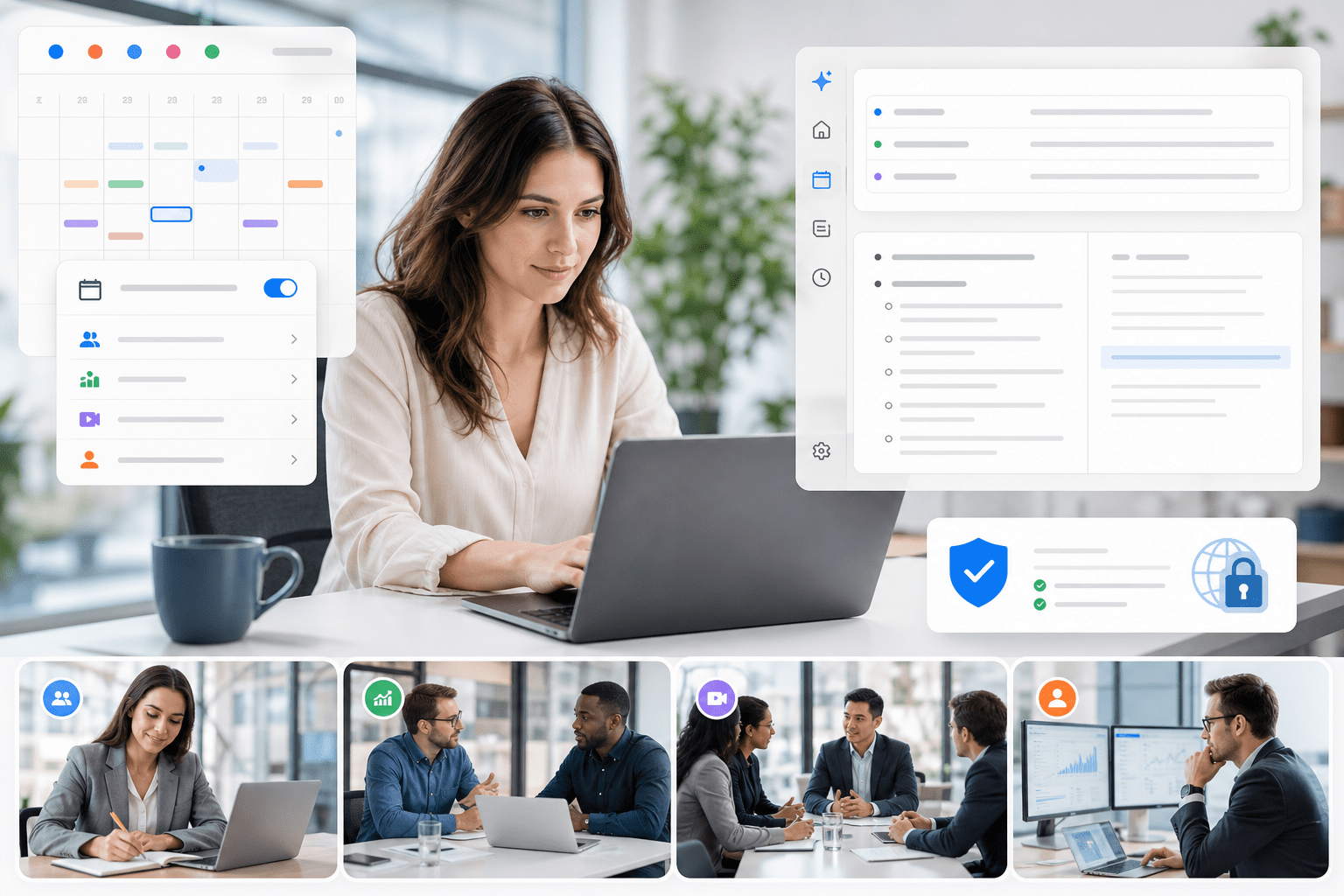 Das Desktop-Dashboard zeigt bevorstehende Meetings, den Status des automatischen Beitritts, den Fortschritt der Live-Transkription, ausgewählte Vorlagen und erstellte Aufgaben mit Ein-Klick-Exportoptionen zu Slack, Notion, Google Drive oder verbundenen CRM-Tools.
