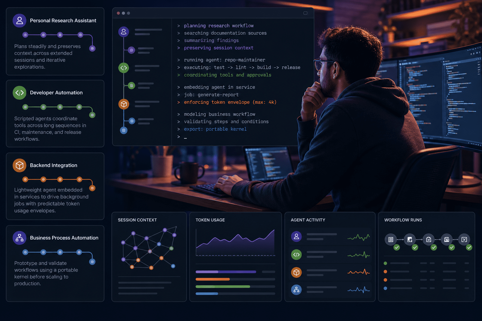 Terminal-Chat-Sitzung, die einen leichten Agenten-Kernel mit Schrittprotokollen, prägnanten Kontextzusammenfassungen und Token-Budget-Anzeigen orchestriert und zuverlässig durch einen mehrstufigen Workflow voranschreitet, ohne Kohärenz zu verlieren.